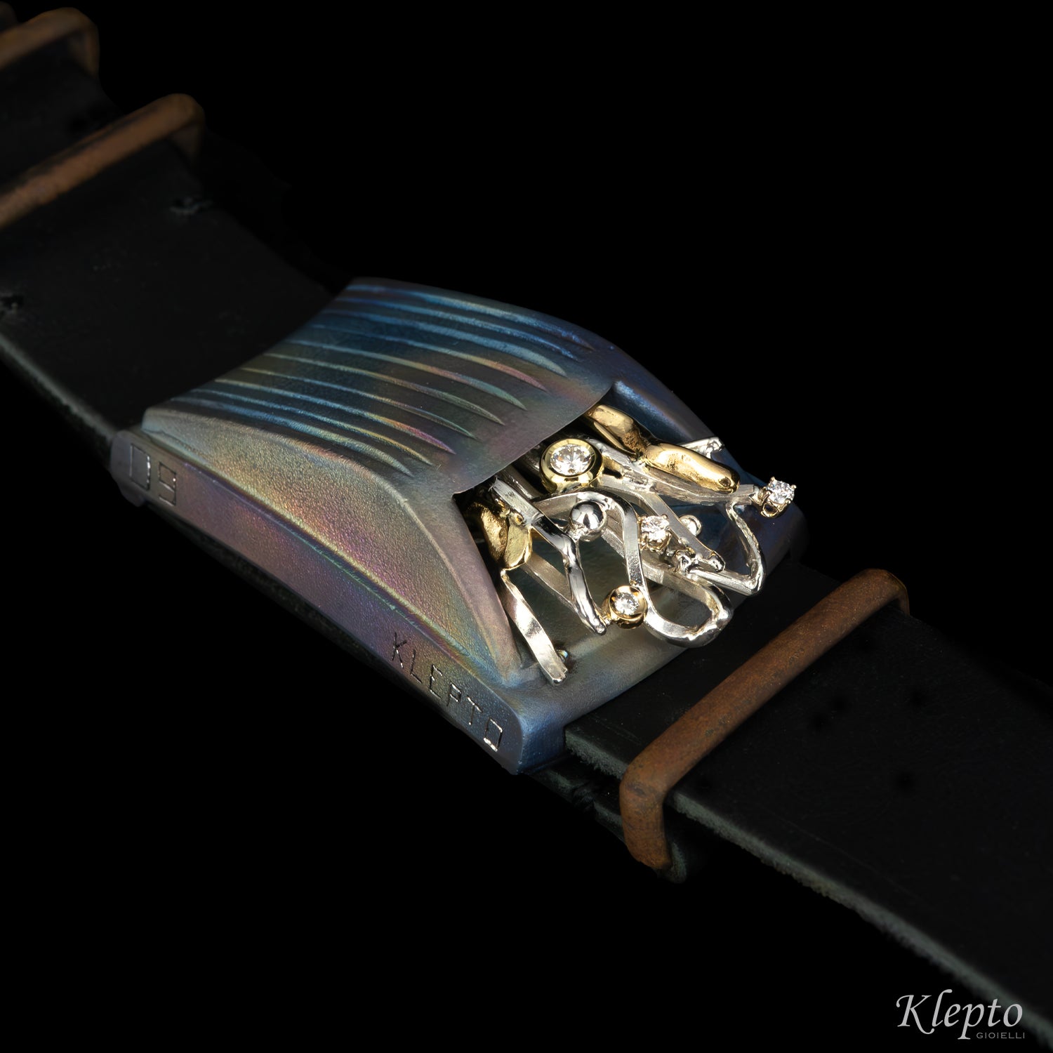 "Nostromo" Titanium Bracelet with Diamonds, Yellow Gold Details, and Silnova® Silver