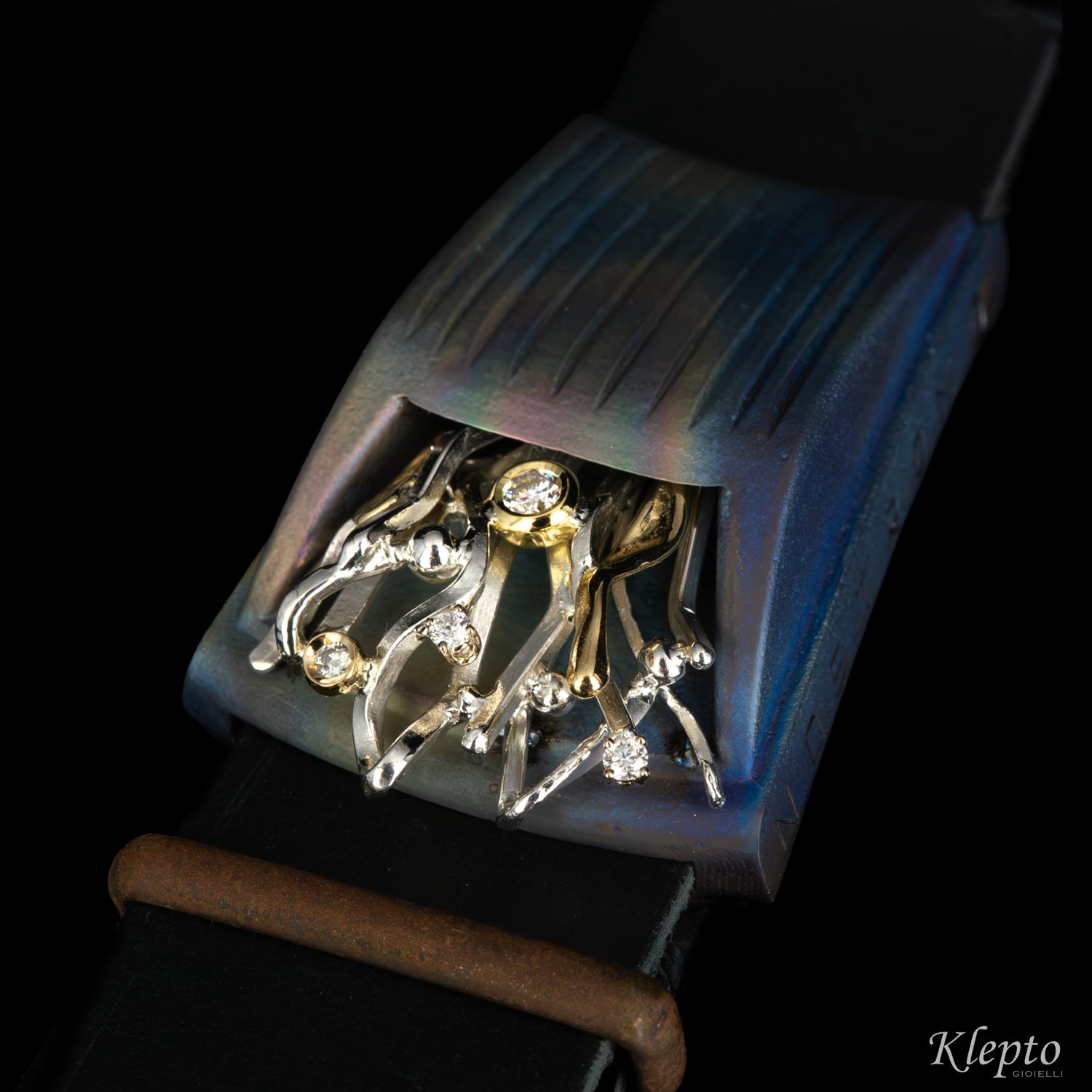 "Nostromo" Titanium Bracelet with Diamonds, Yellow Gold Details, and Silnova® Silver