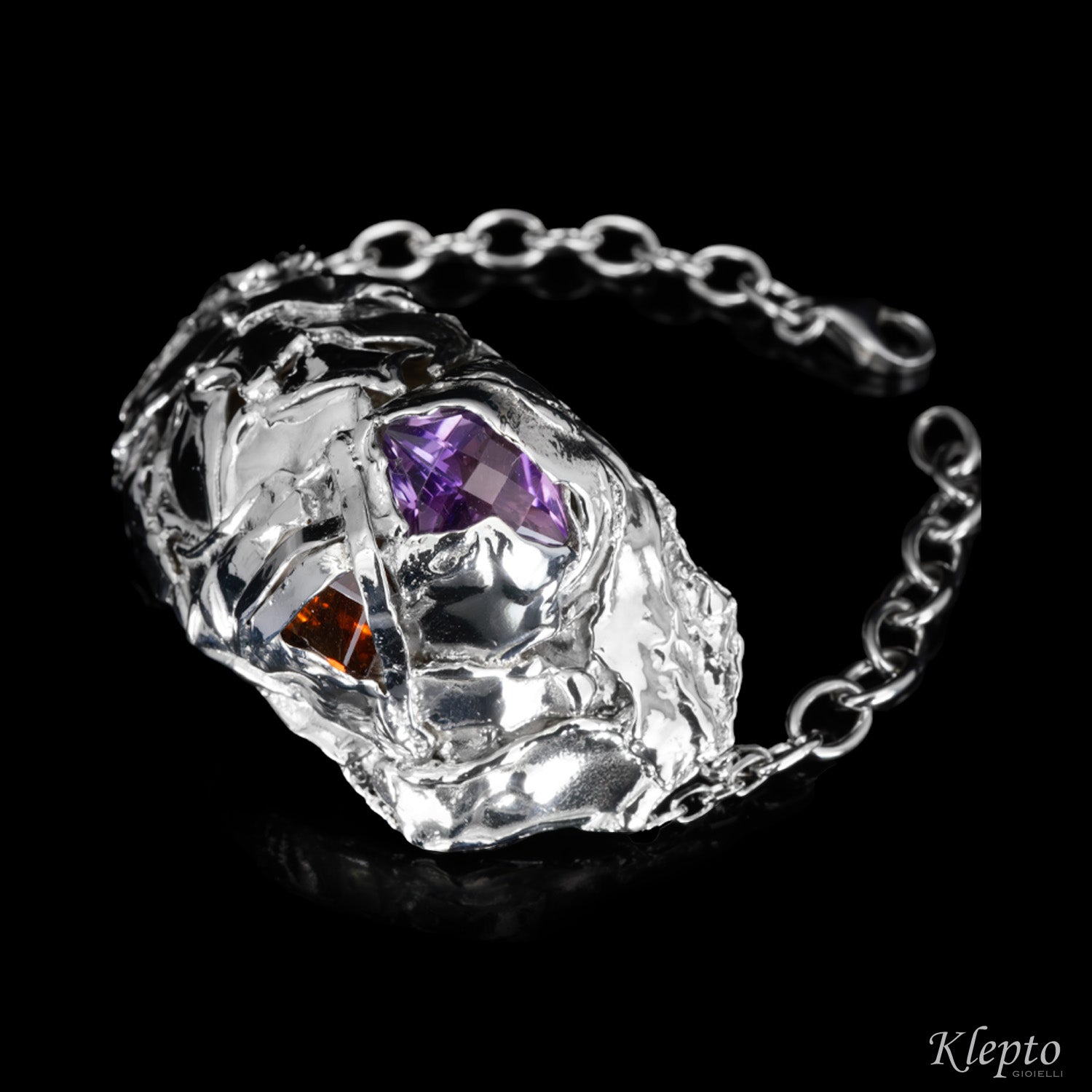 Silver Silnova® bracelet cast with flame with Amethyst and Garnet