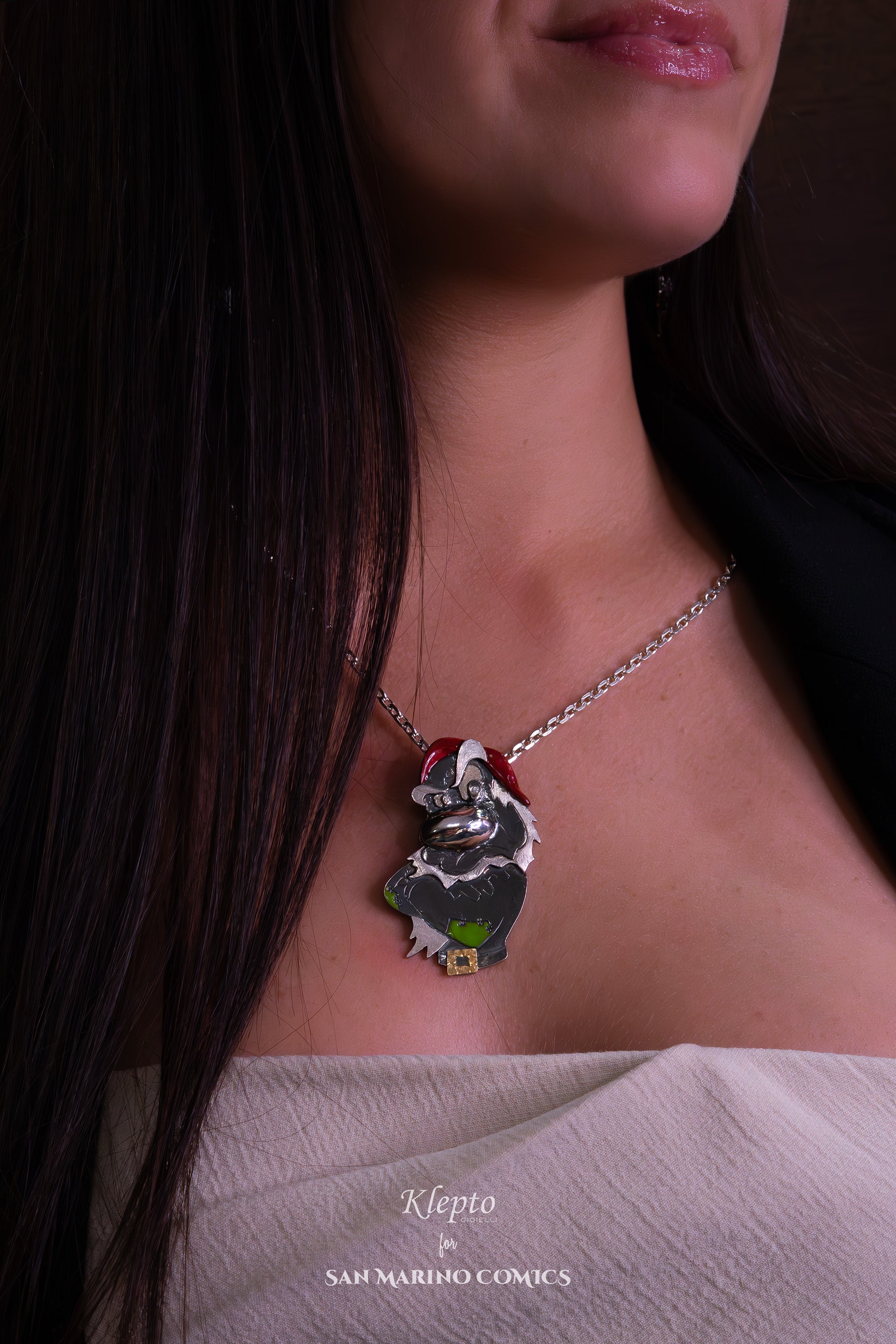 Silver Pendant Silnova "Brontolo" with Diamonds, enameled details and yellow gold