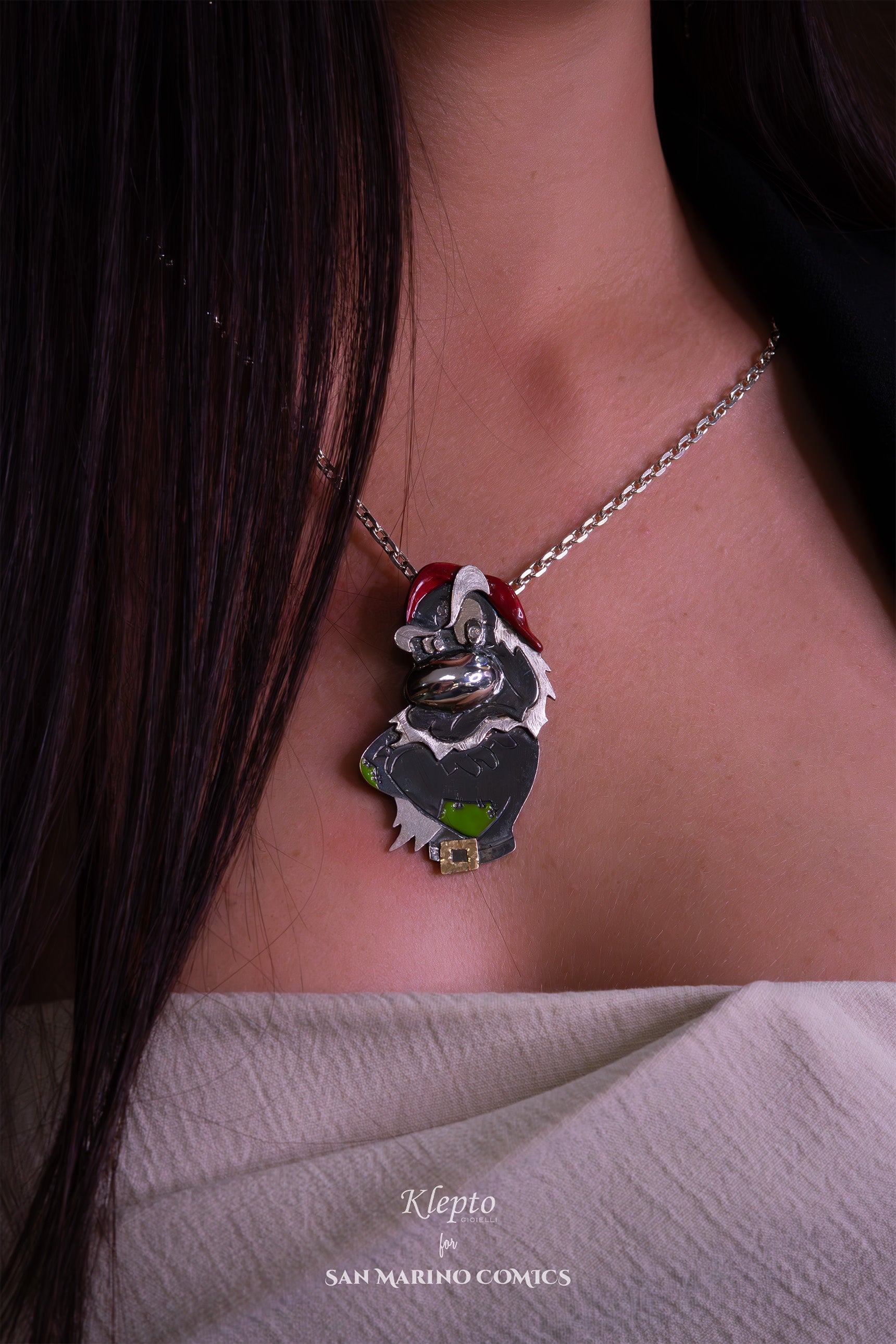 Silver Pendant Silnova "Brontolo" with Diamonds, enameled details and yellow gold