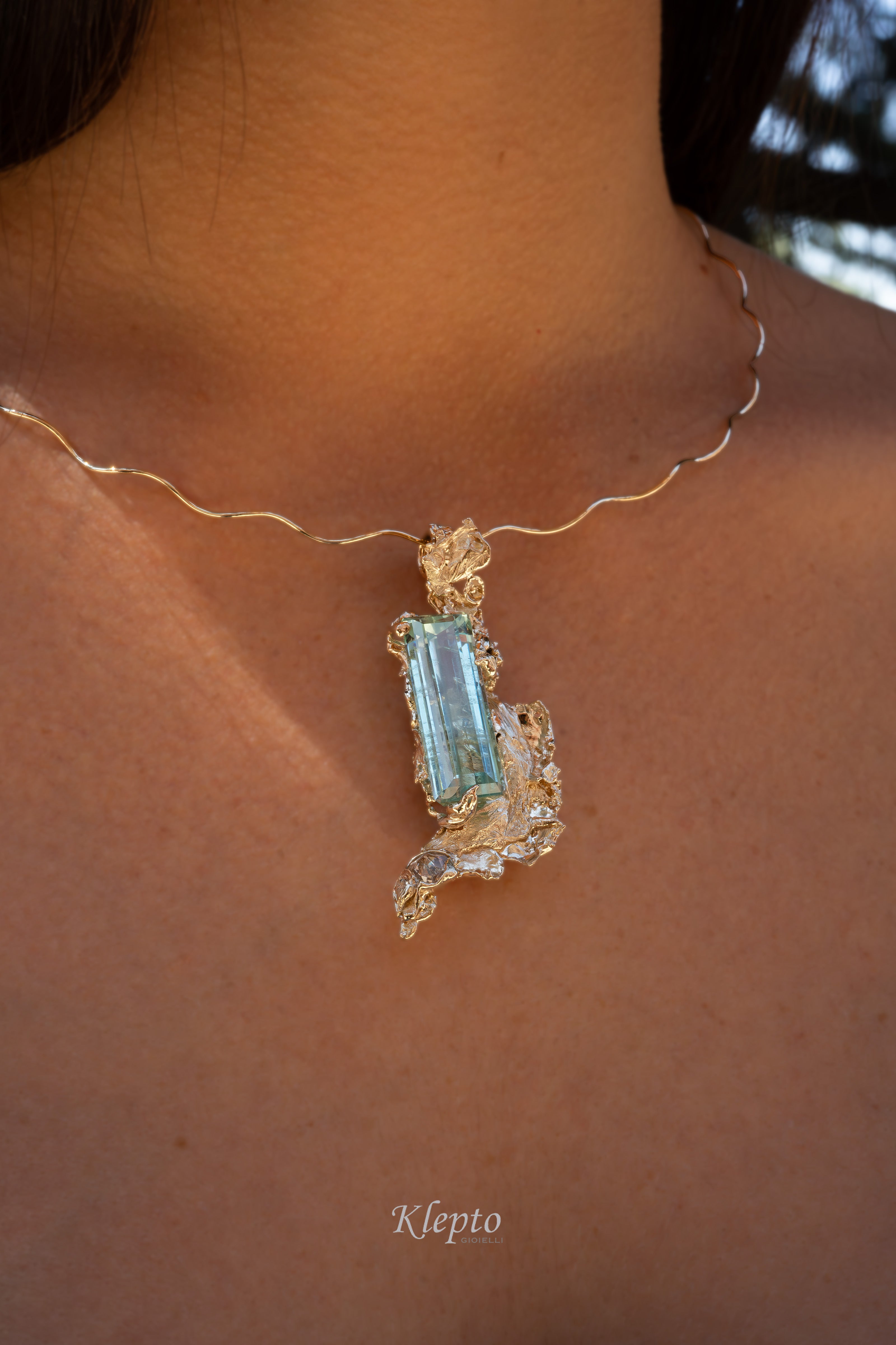 "Calipso" natural white gold necklace with Aquamarine and Diamond