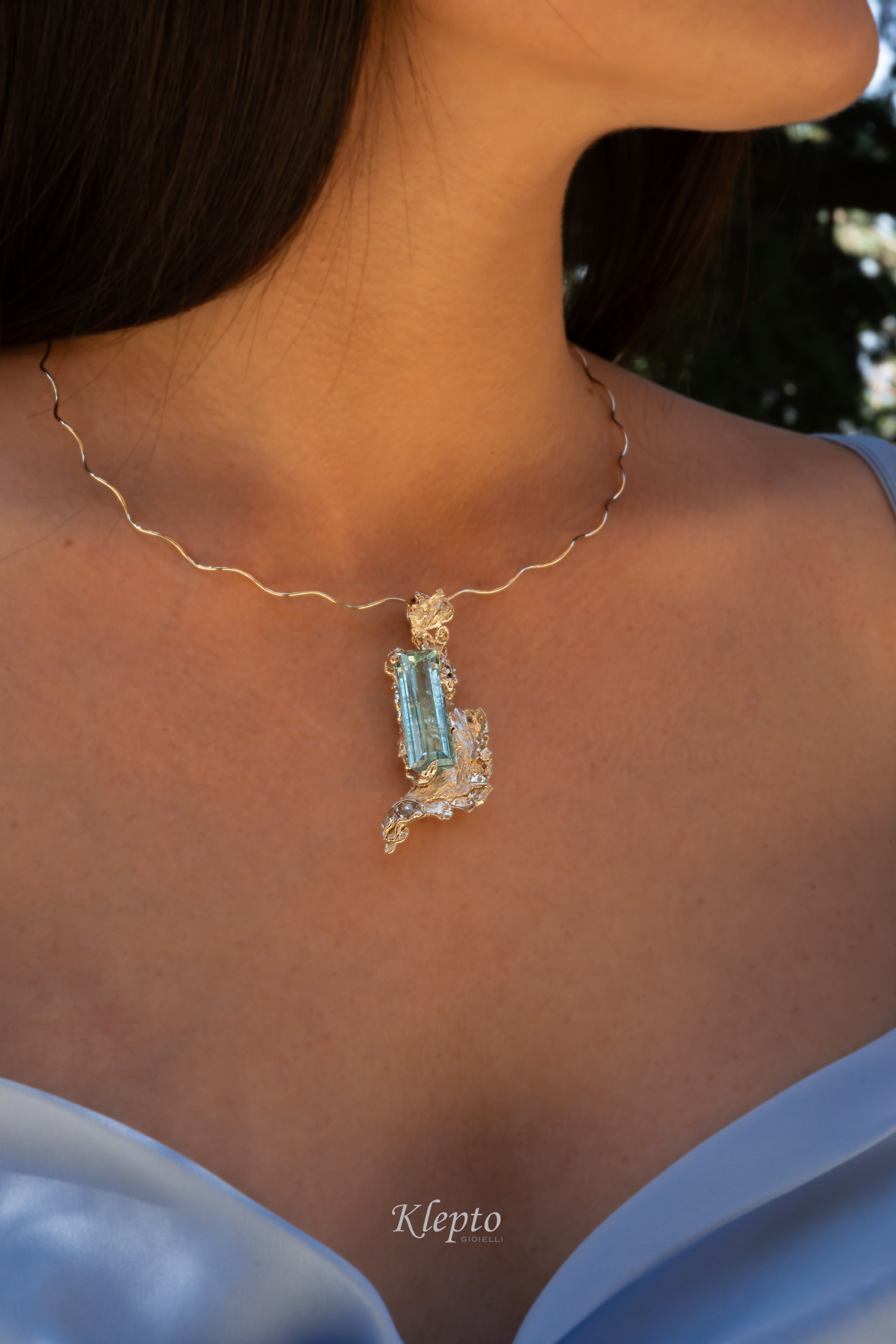 "Calipso" natural white gold necklace with Aquamarine and Diamond
