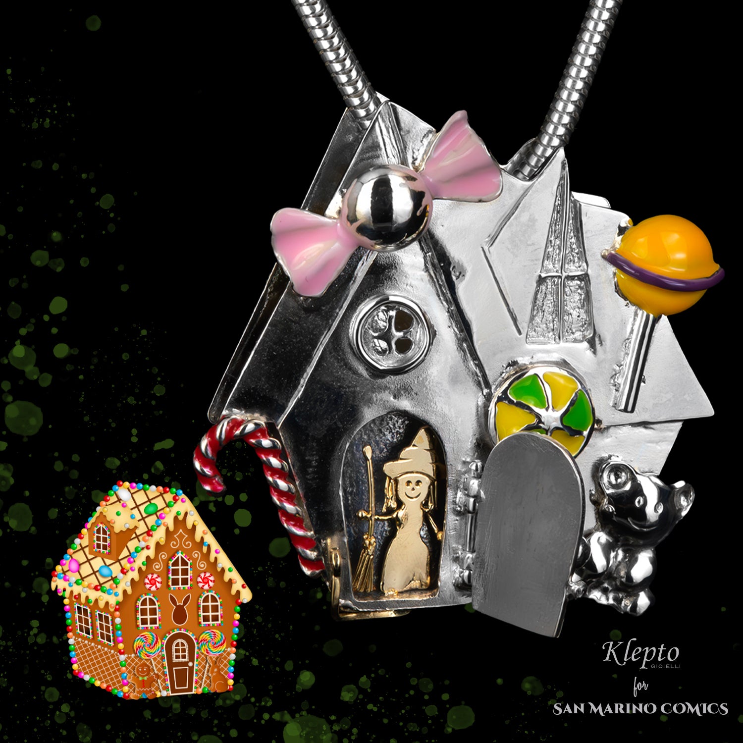 Silver Pendant Silnova "The Gingerbread House" with enameled details and yellow gold