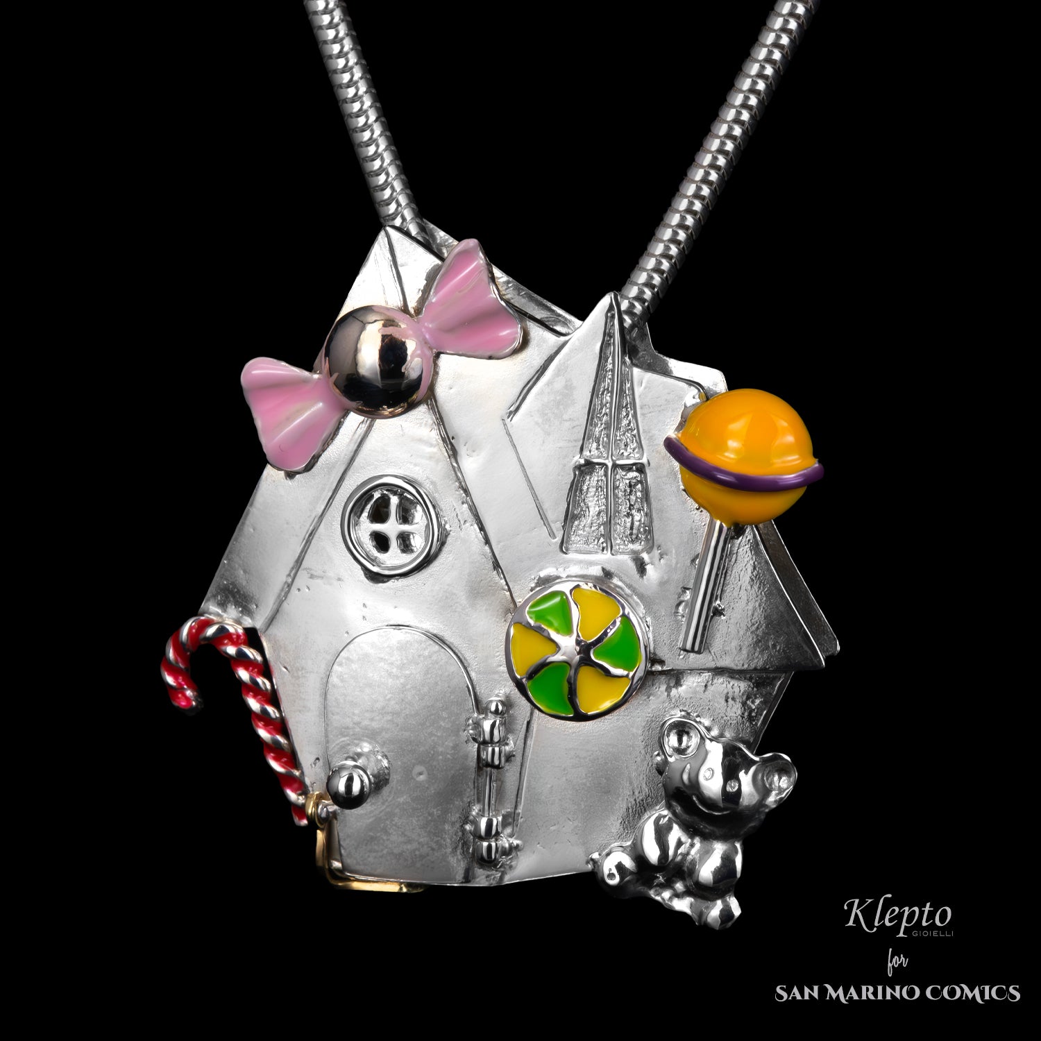 Silver Pendant Silnova "The Gingerbread House" with enameled details and yellow gold
