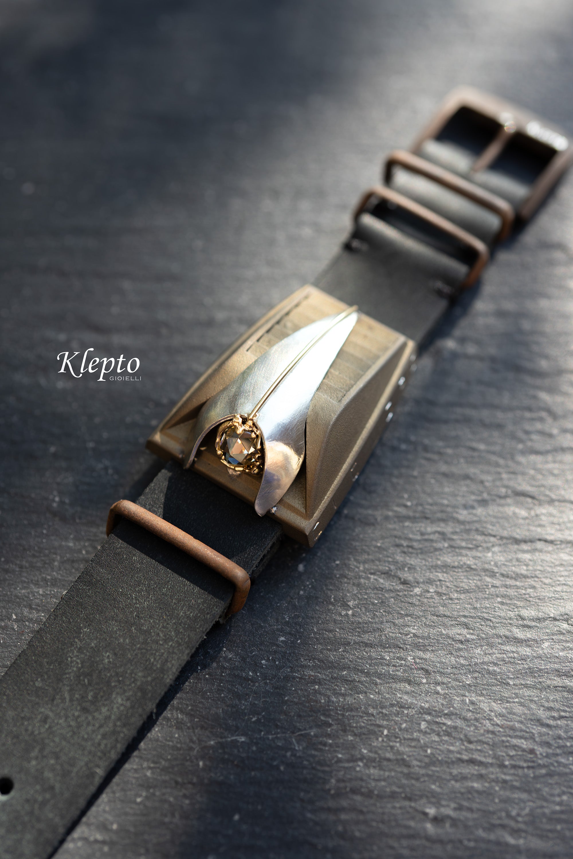 Titanium Bracelet "Ciclope" with Diamond, yellow gold details, and Silnova® Silver