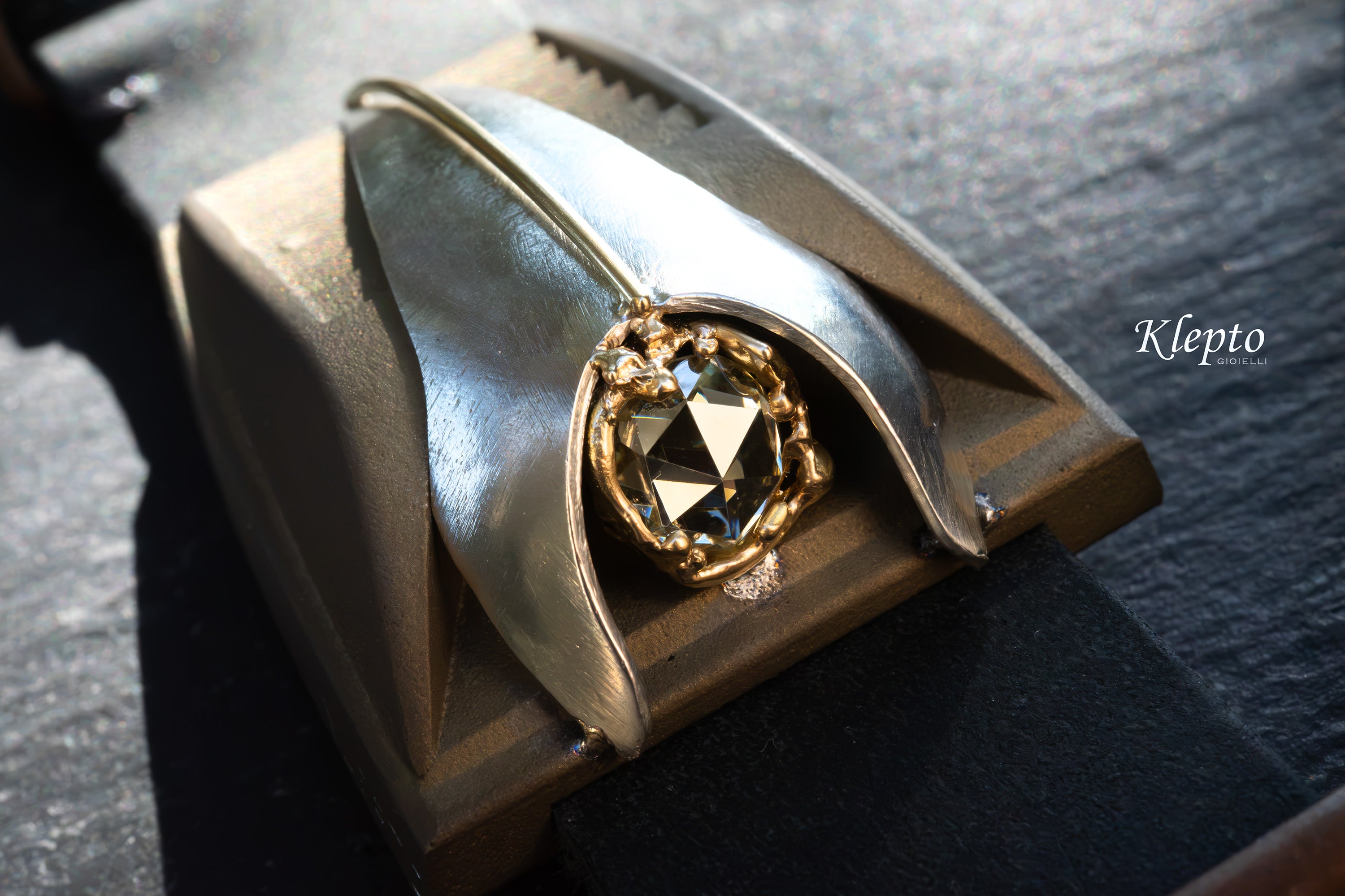 Titanium Bracelet "Ciclope" with Diamond, yellow gold details, and Silnova® Silver