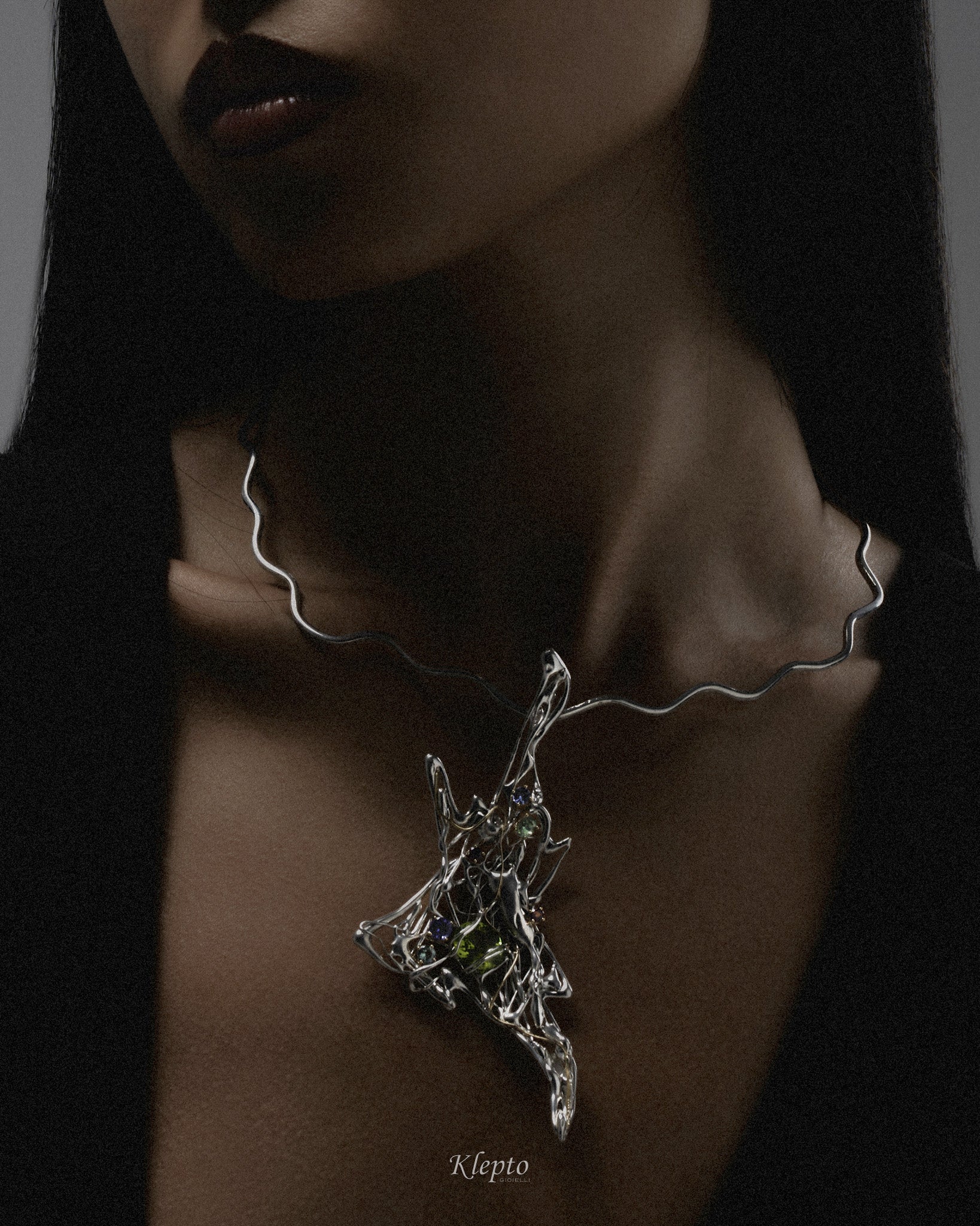 Silver necklace Silnova® with gemstones and yellow gold details