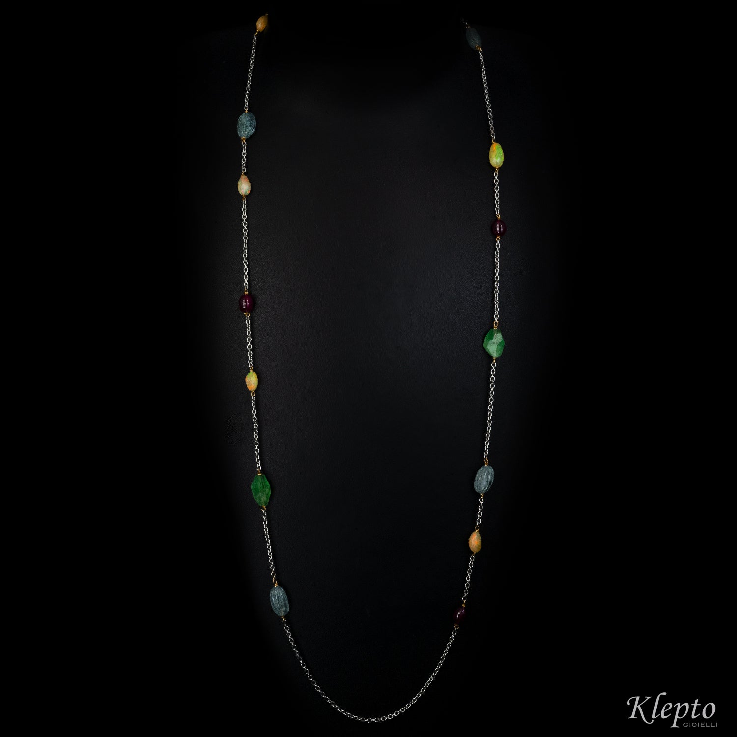 "Chanel" white gold necklace with Aquamarines, Rubies, Opals and Emeralds