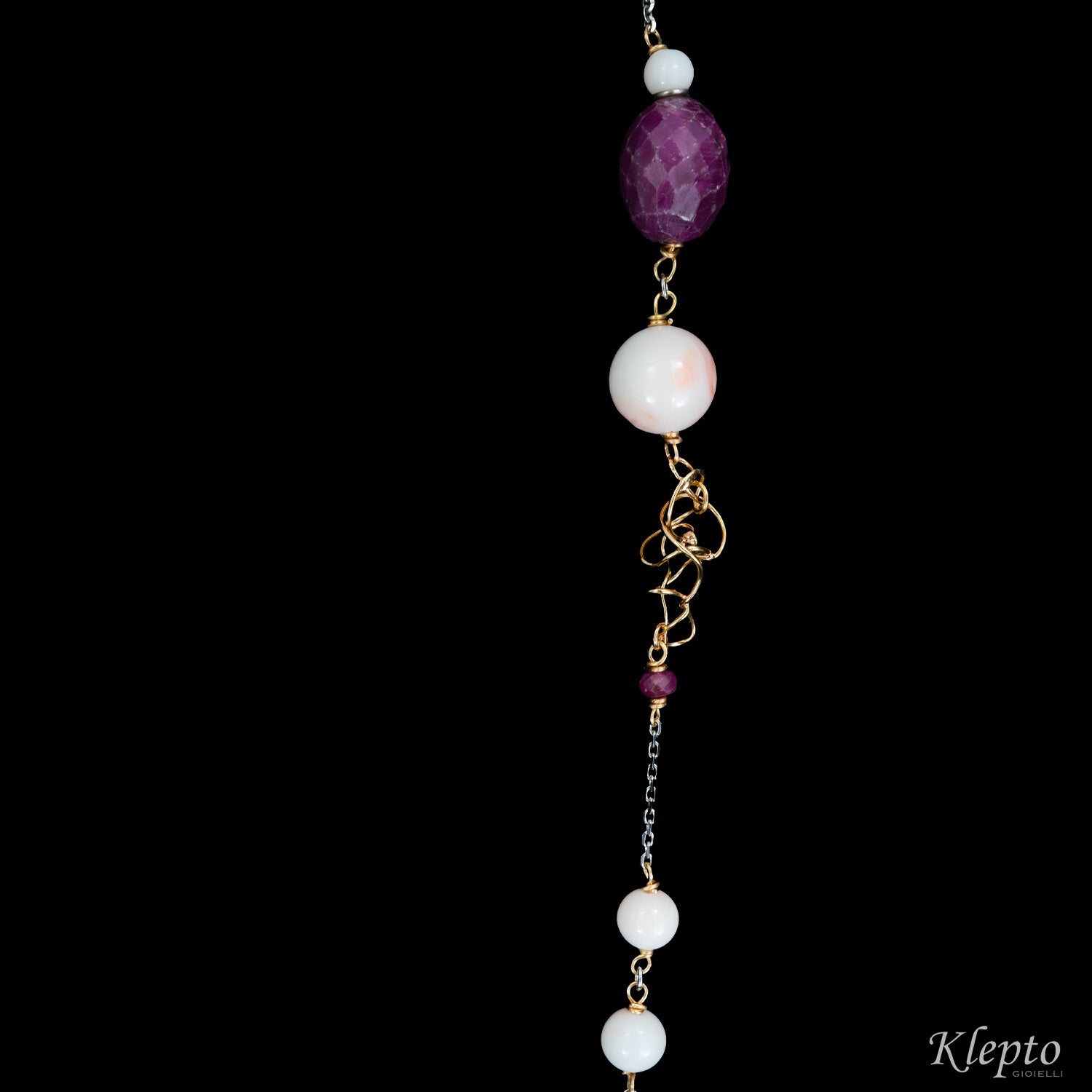 "Chanel" white gold and rose gold necklace with pink coral and rough rubies