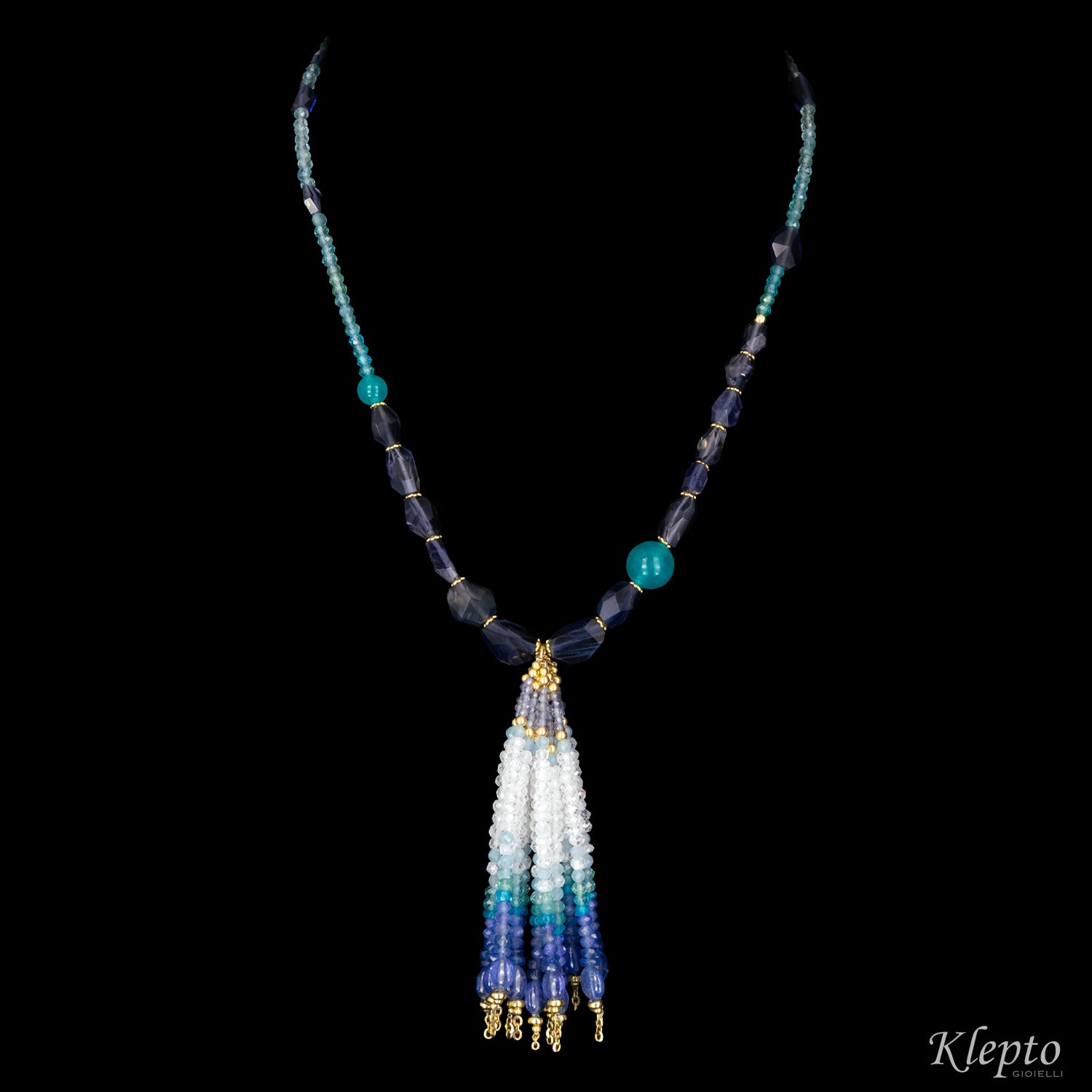 Yellow gold Nappa necklace with Amazonite, Iolite, Tanzanite, and Moonstone