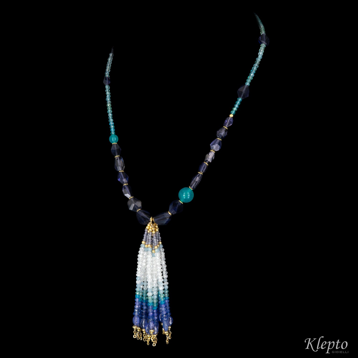 Yellow gold Nappa necklace with Amazonite, Iolite, Tanzanite, and Moonstone