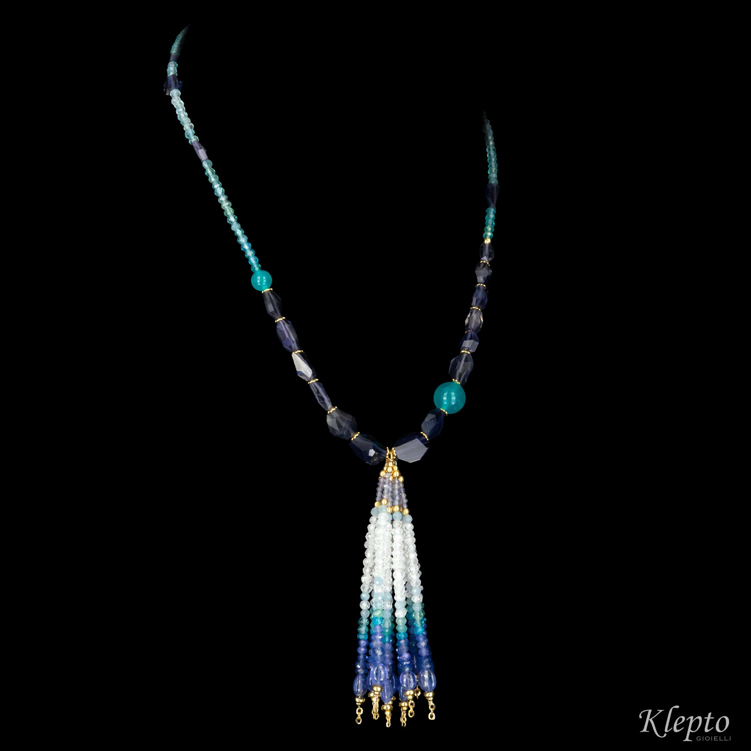 Yellow gold Nappa necklace with Amazonite, Iolite, Tanzanite, and Moonstone
