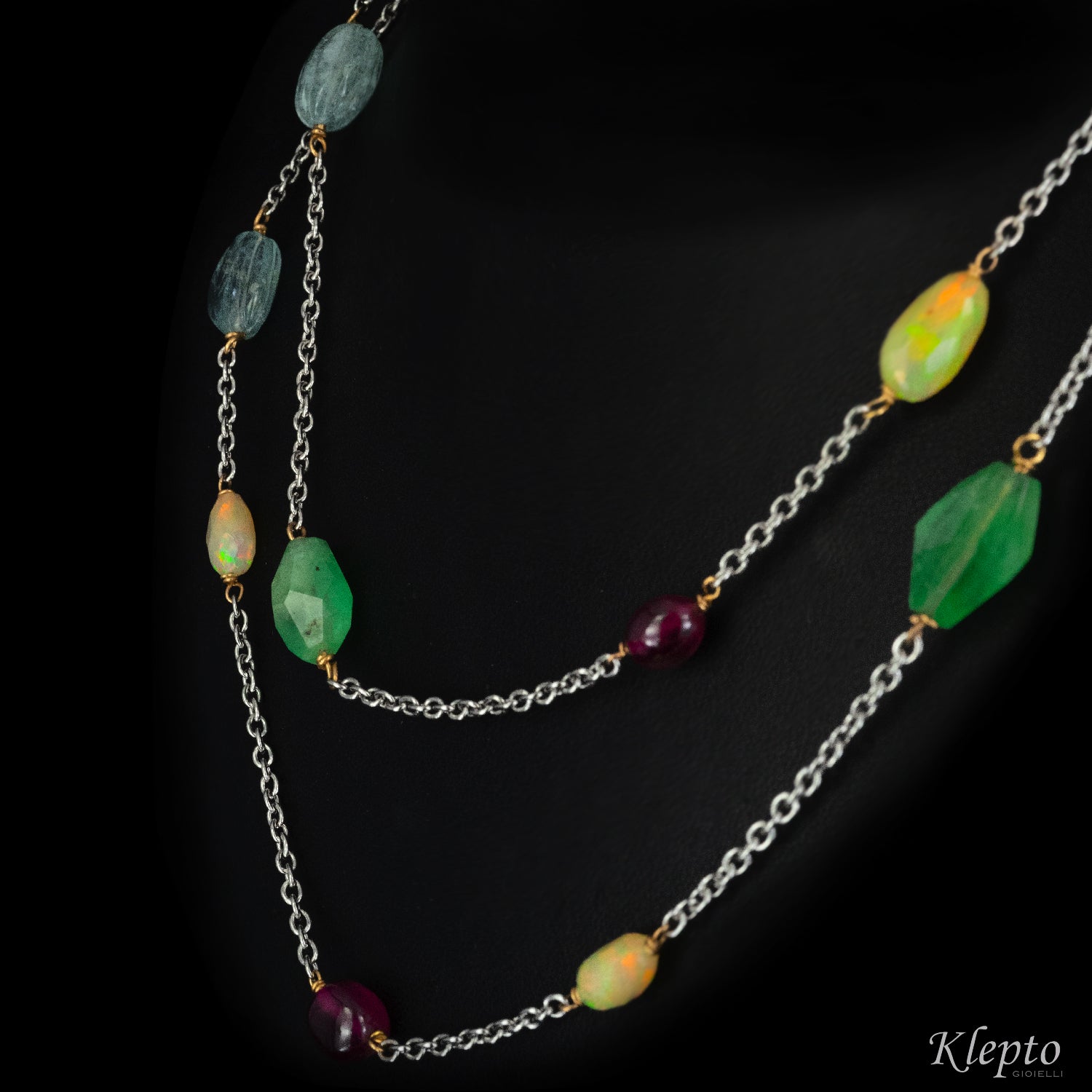 "Chanel" white gold necklace with Aquamarines, Rubies, Opals and Emeralds