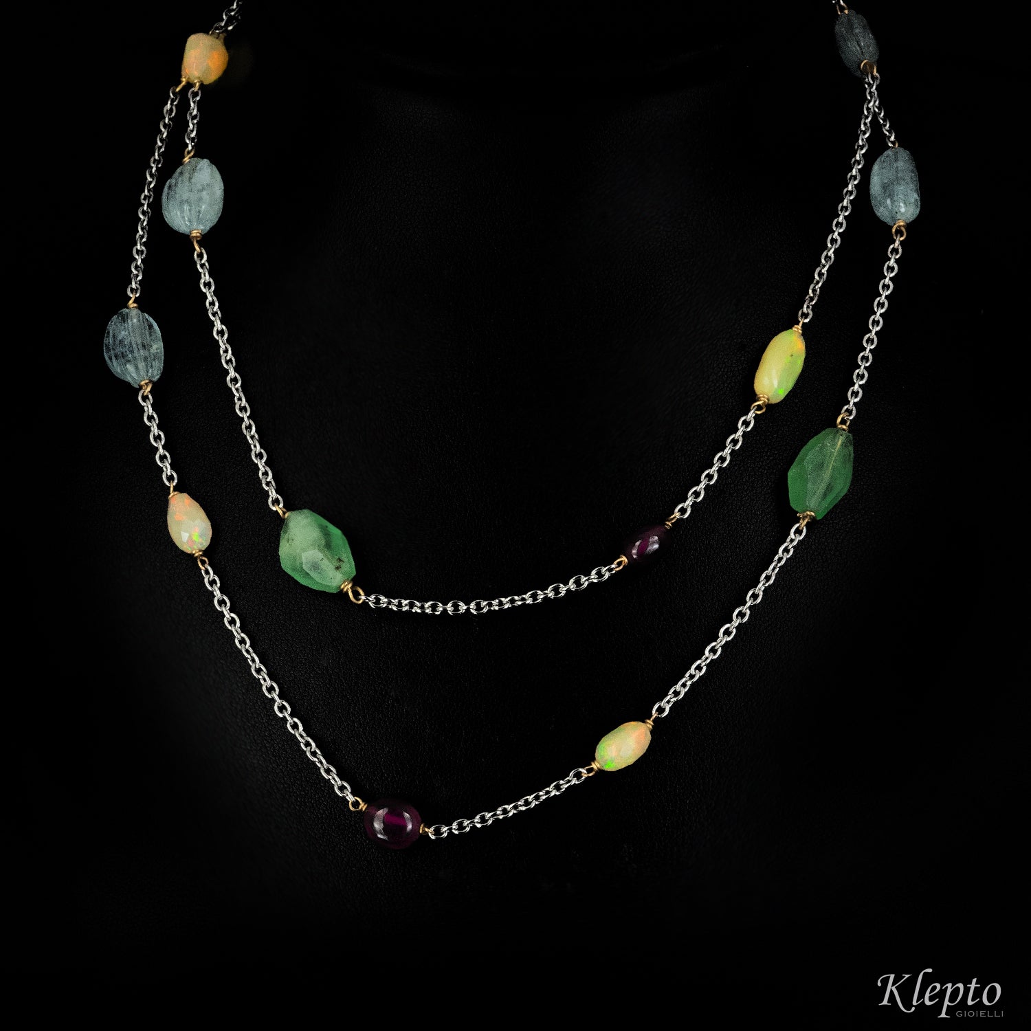 "Chanel" white gold necklace with Aquamarines, Rubies, Opals and Emeralds