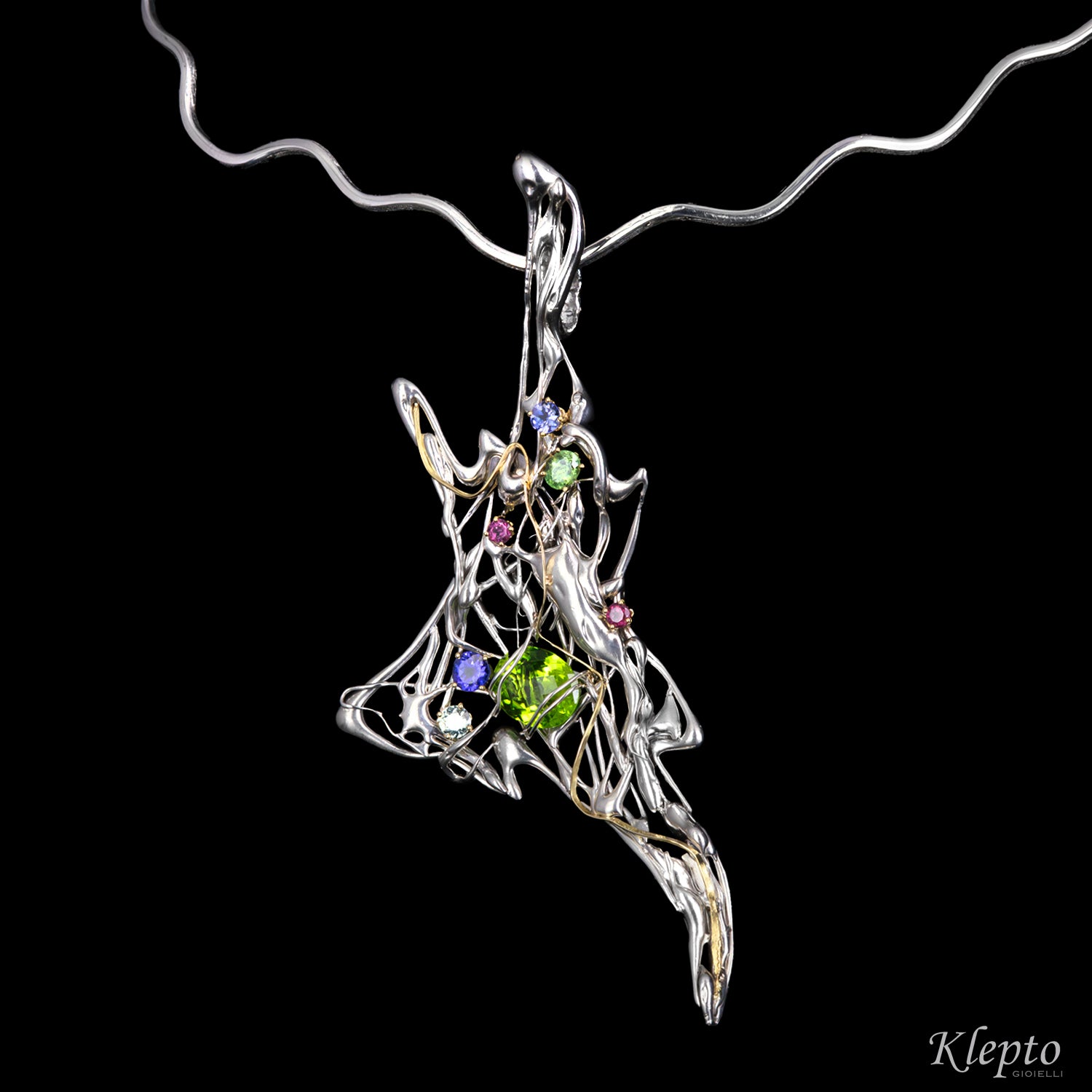 Silver necklace Silnova® with gemstones and yellow gold details