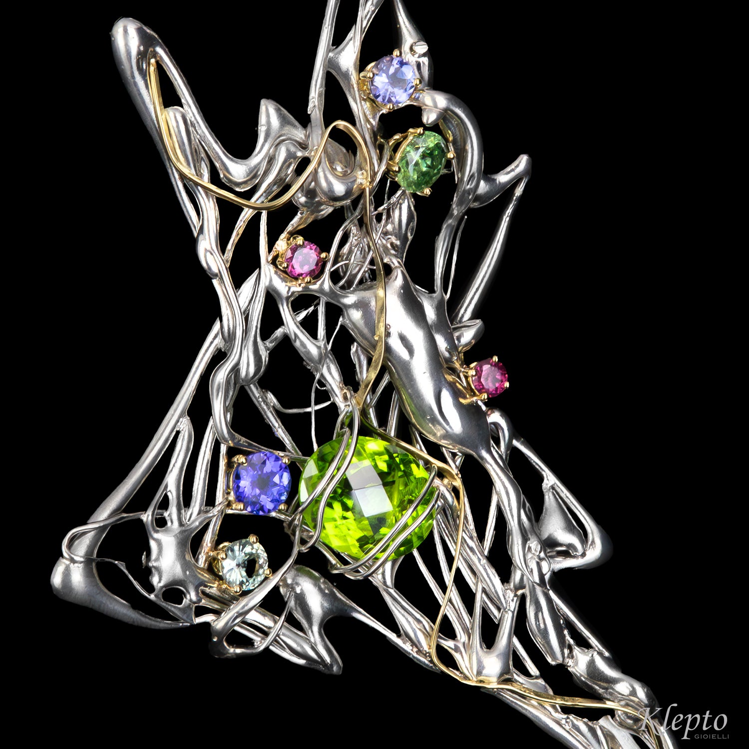 Silver necklace Silnova® with gemstones and yellow gold details