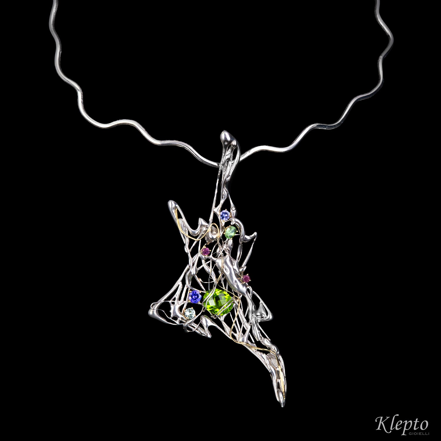 Silver necklace Silnova® with gemstones and yellow gold details