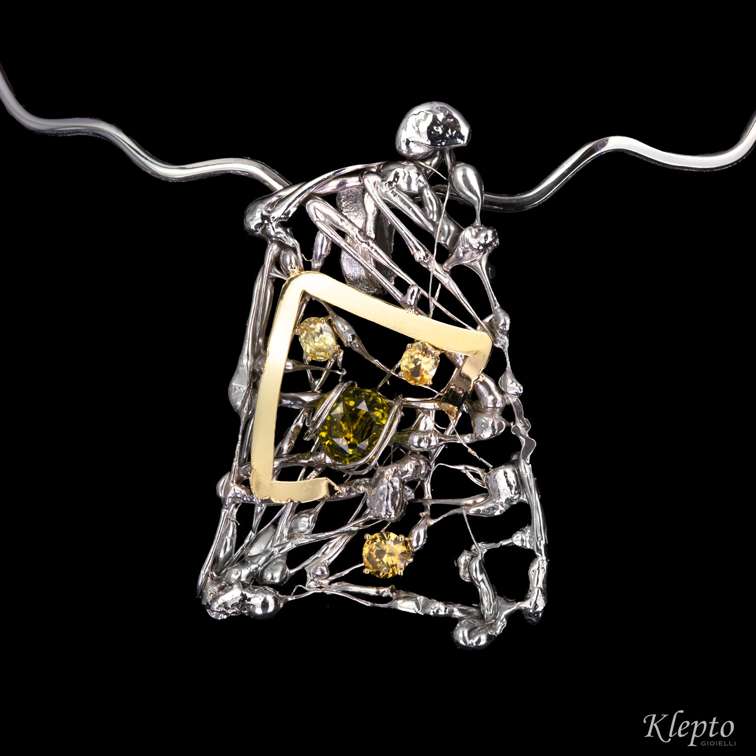 Silver necklace Silnova® with natural zircons and yellow gold details