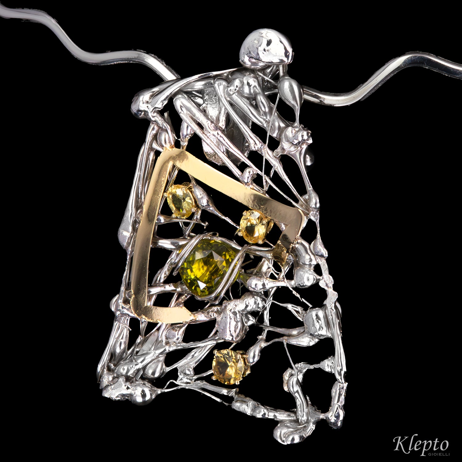 Silver necklace Silnova® with natural zircons and yellow gold details