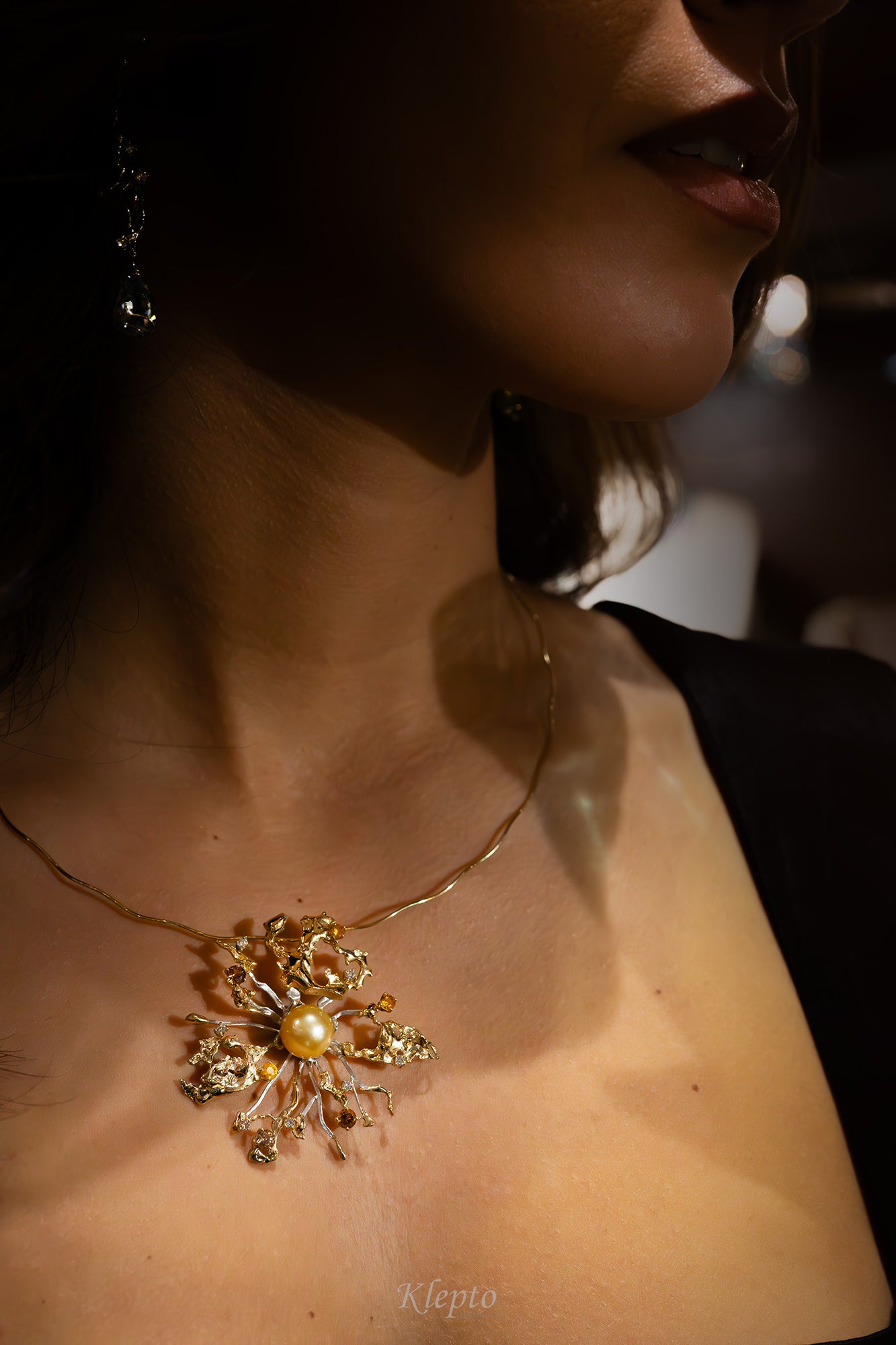 "Big Bang" yellow and white gold necklace with Australian Gold Pearl, Sapphires and Diamonds