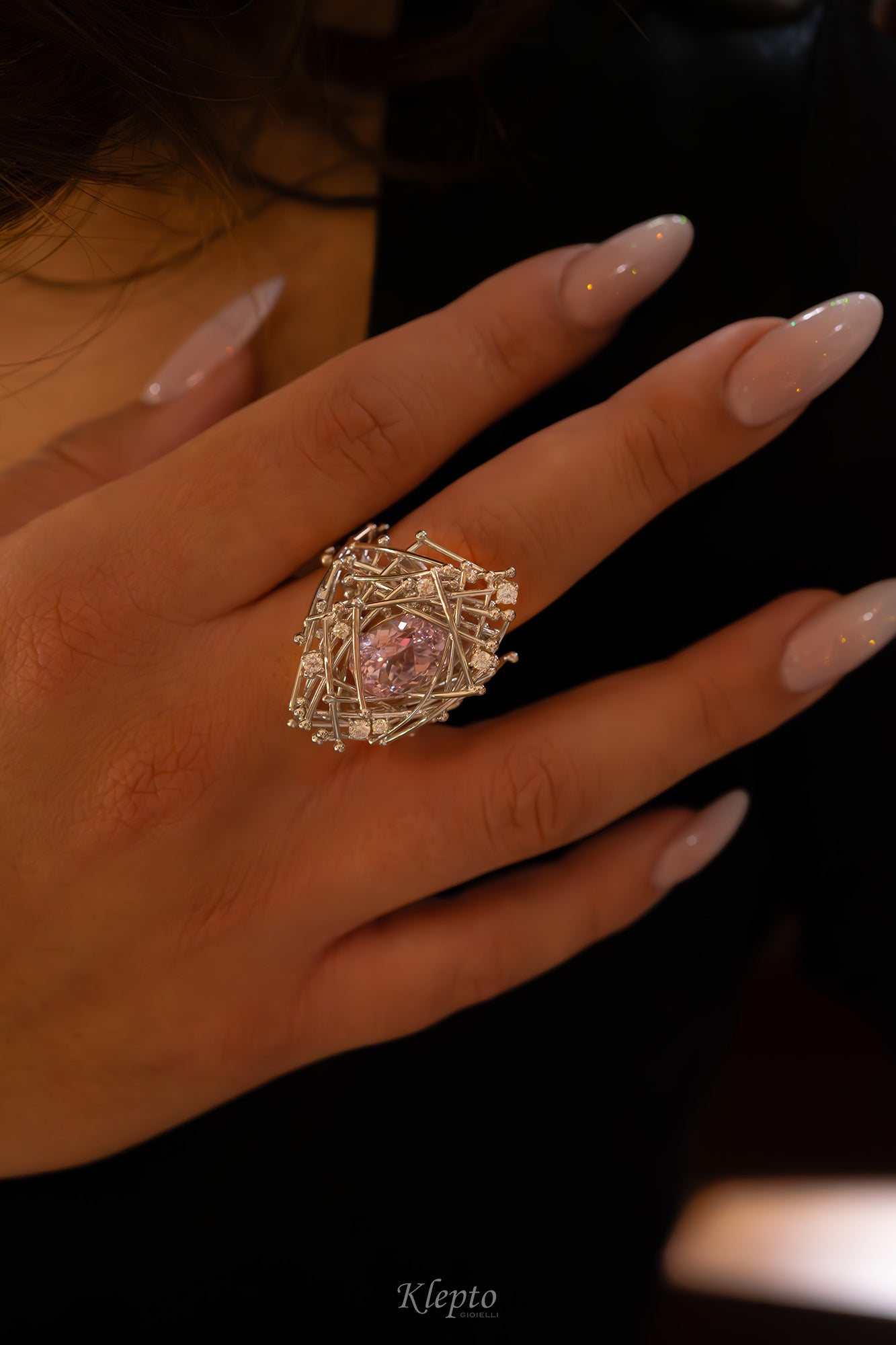 "IntriKo" white gold ring with Kunzite and Diamonds