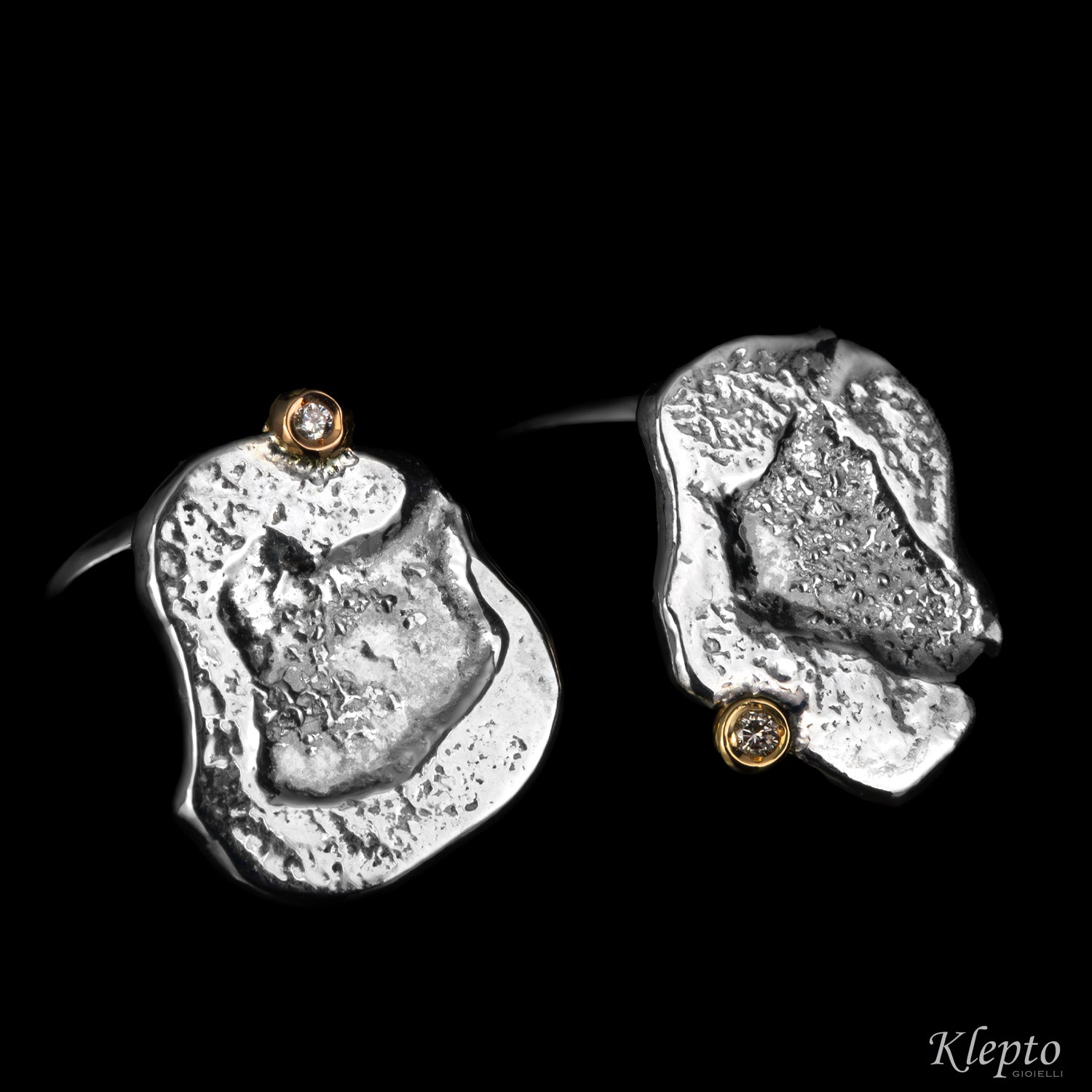 Silver Twin Rings Silnova® with Diamonds and details in yellow and rose gold