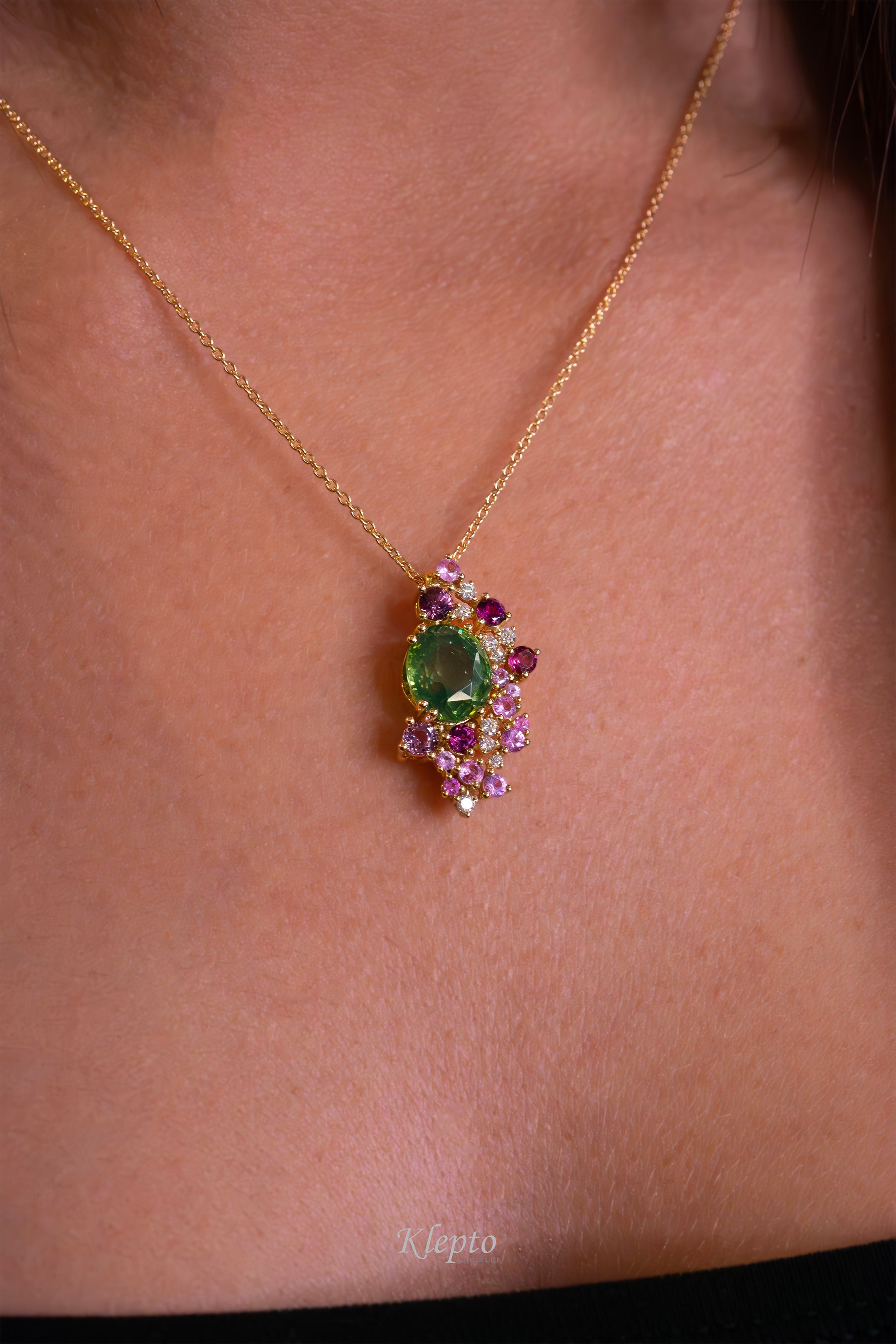 Yellow gold pendant with natural green Zircon, Rhodolites, Sapphires and Diamonds