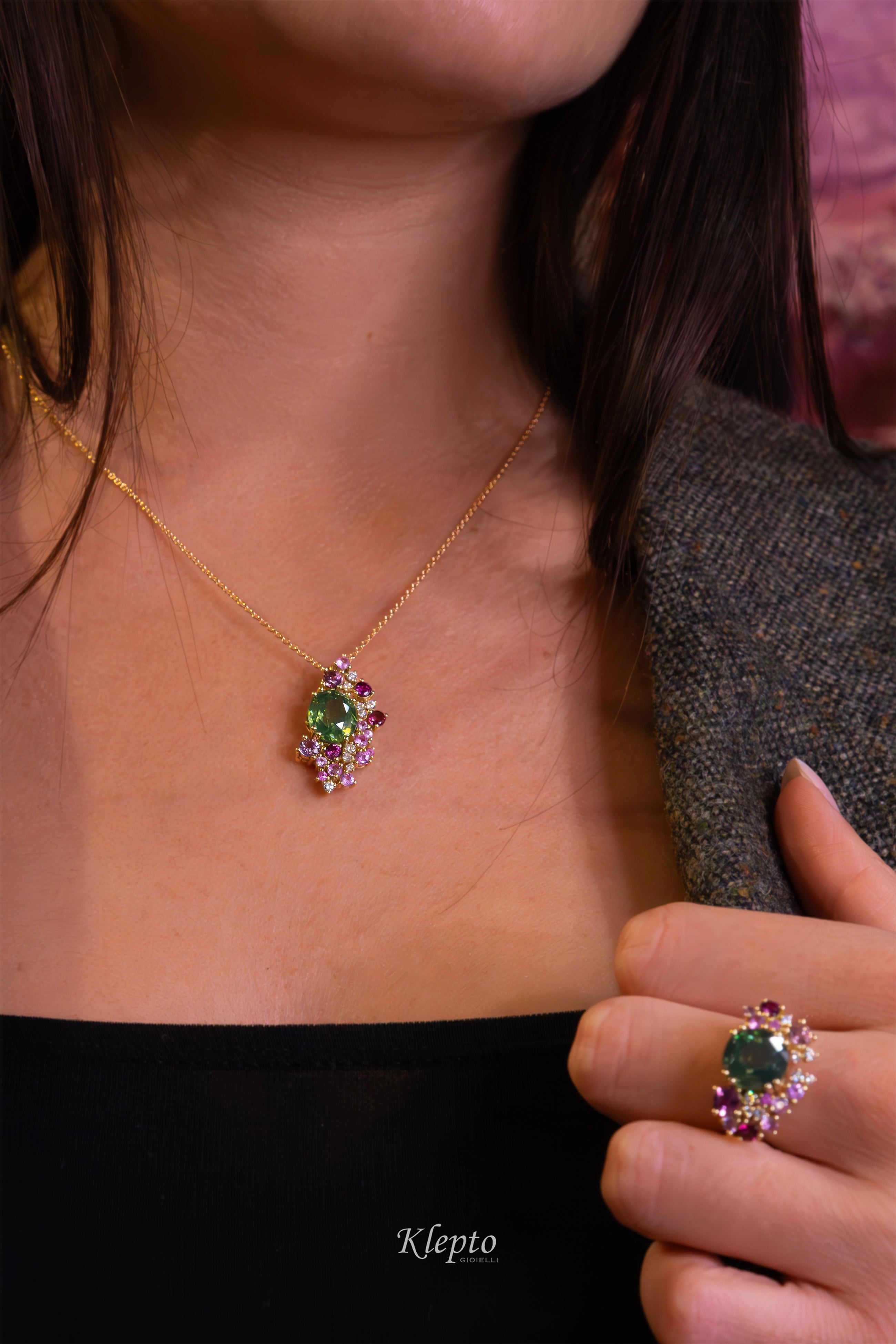 Yellow gold pendant with natural green Zircon, Rhodolites, Sapphires and Diamonds