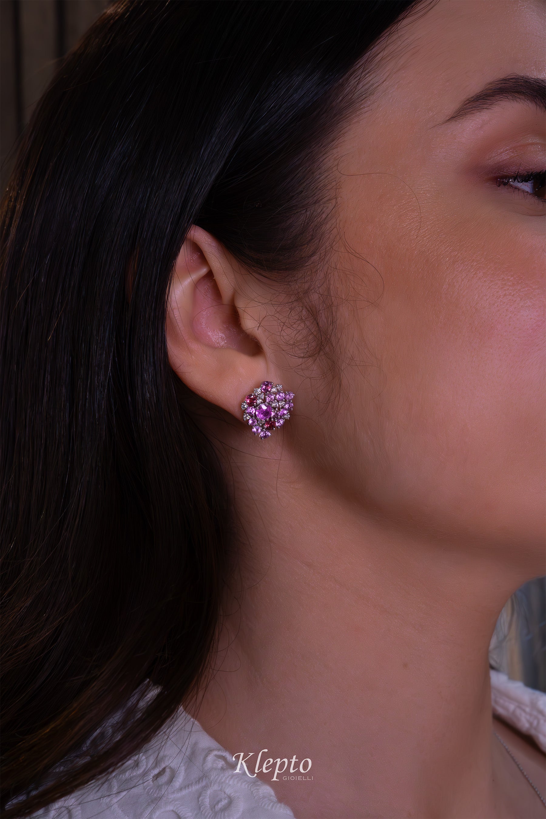 White gold earrings with Sapphires, Tourmalines, and Diamonds