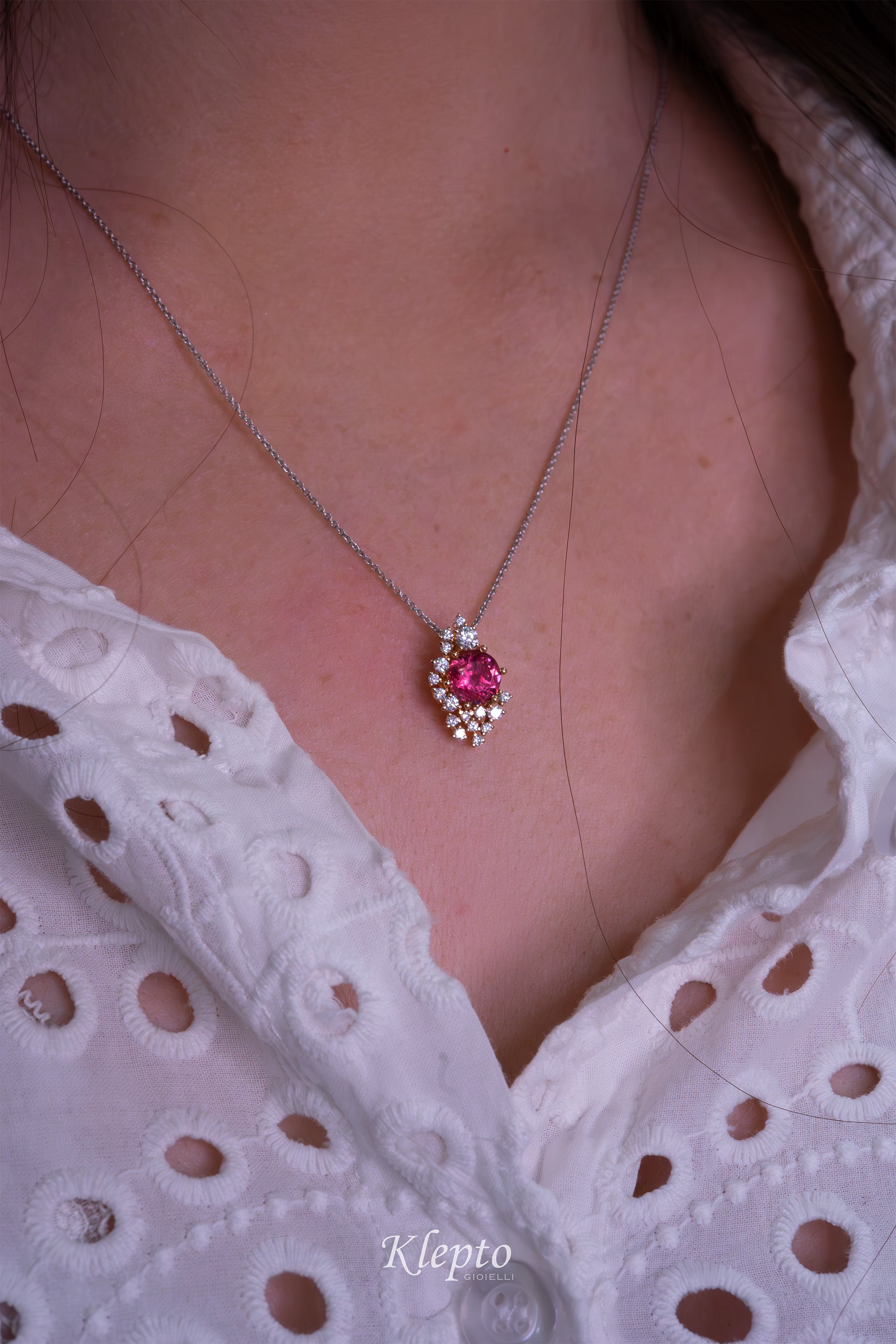 White and rose gold pendant with pink tourmaline and diamonds