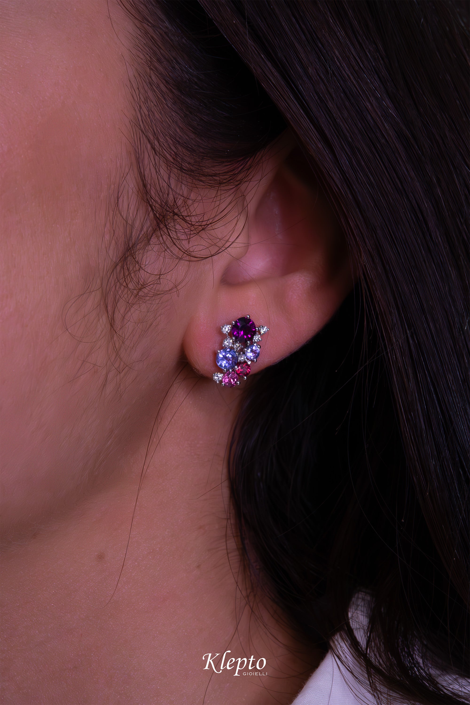 White gold earrings with Tanzanites, Sapphires, Rhodolites, and Diamonds
