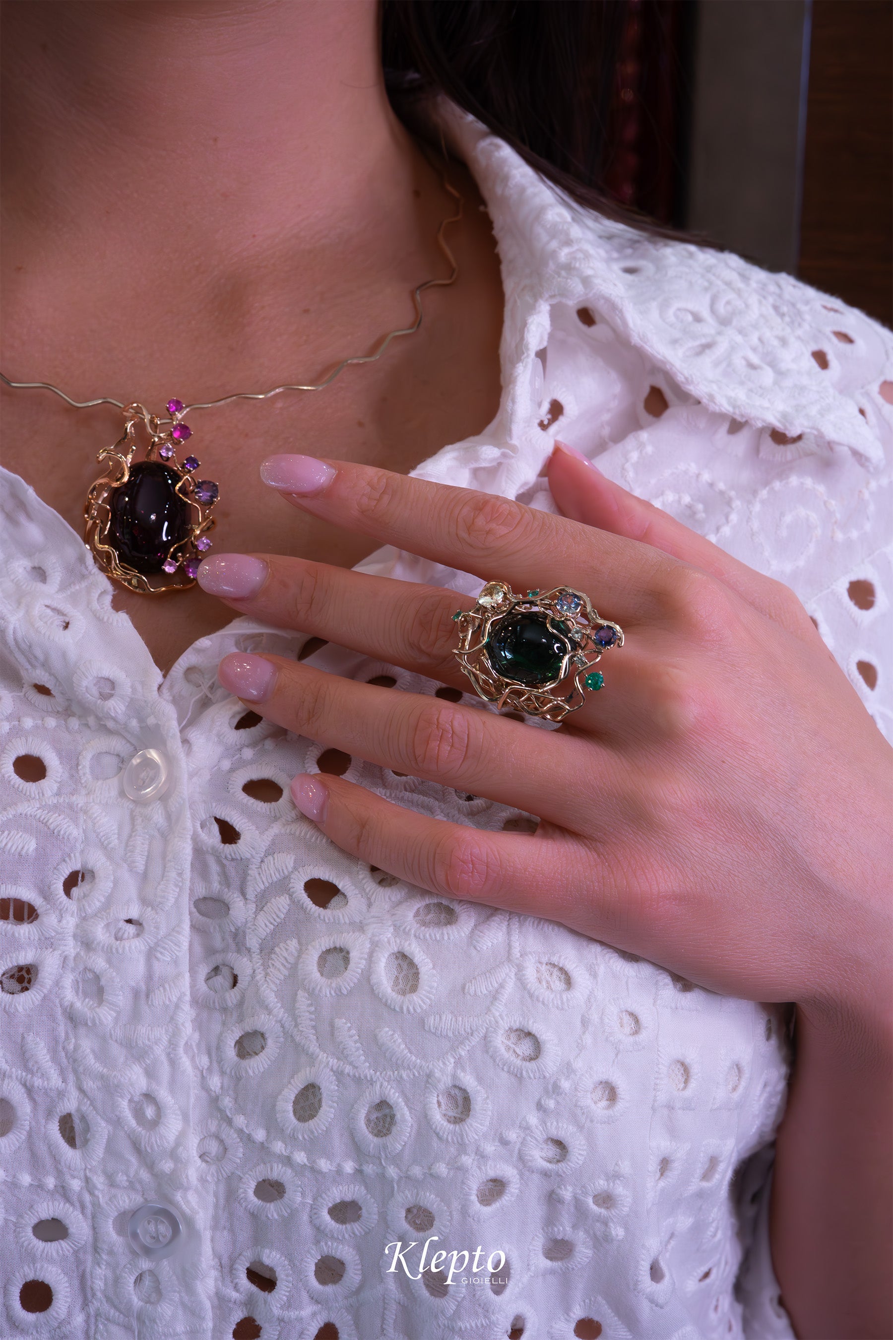 Natural white gold ring "Origini" with Tourmaline, Sapphires, and Emeralds