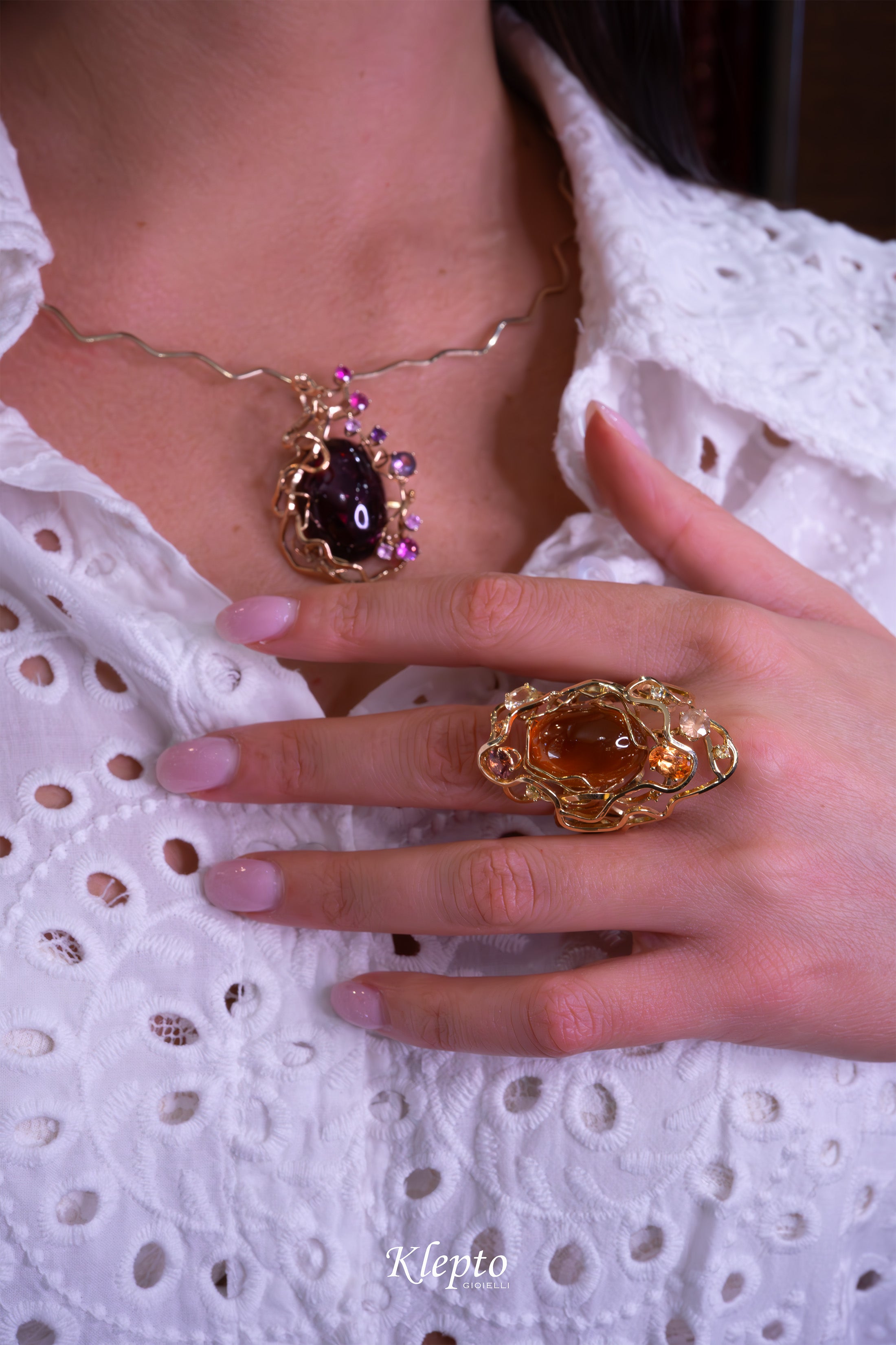 Yellow gold ring "Origins" with Spessartite, Sapphires, Zircons, and Garnet fanta