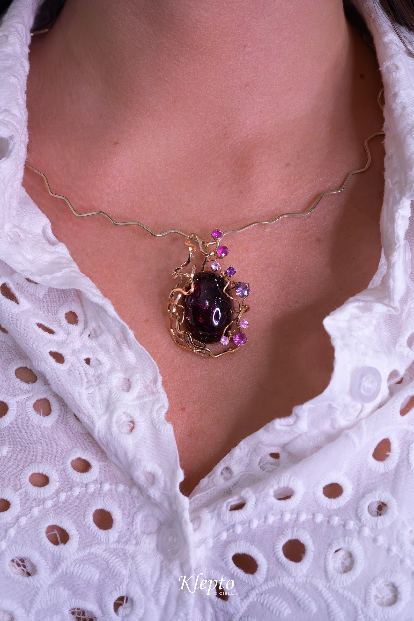 Rose gold and natural white "Origins" necklace with cabochon Tourmaline and Sapphires