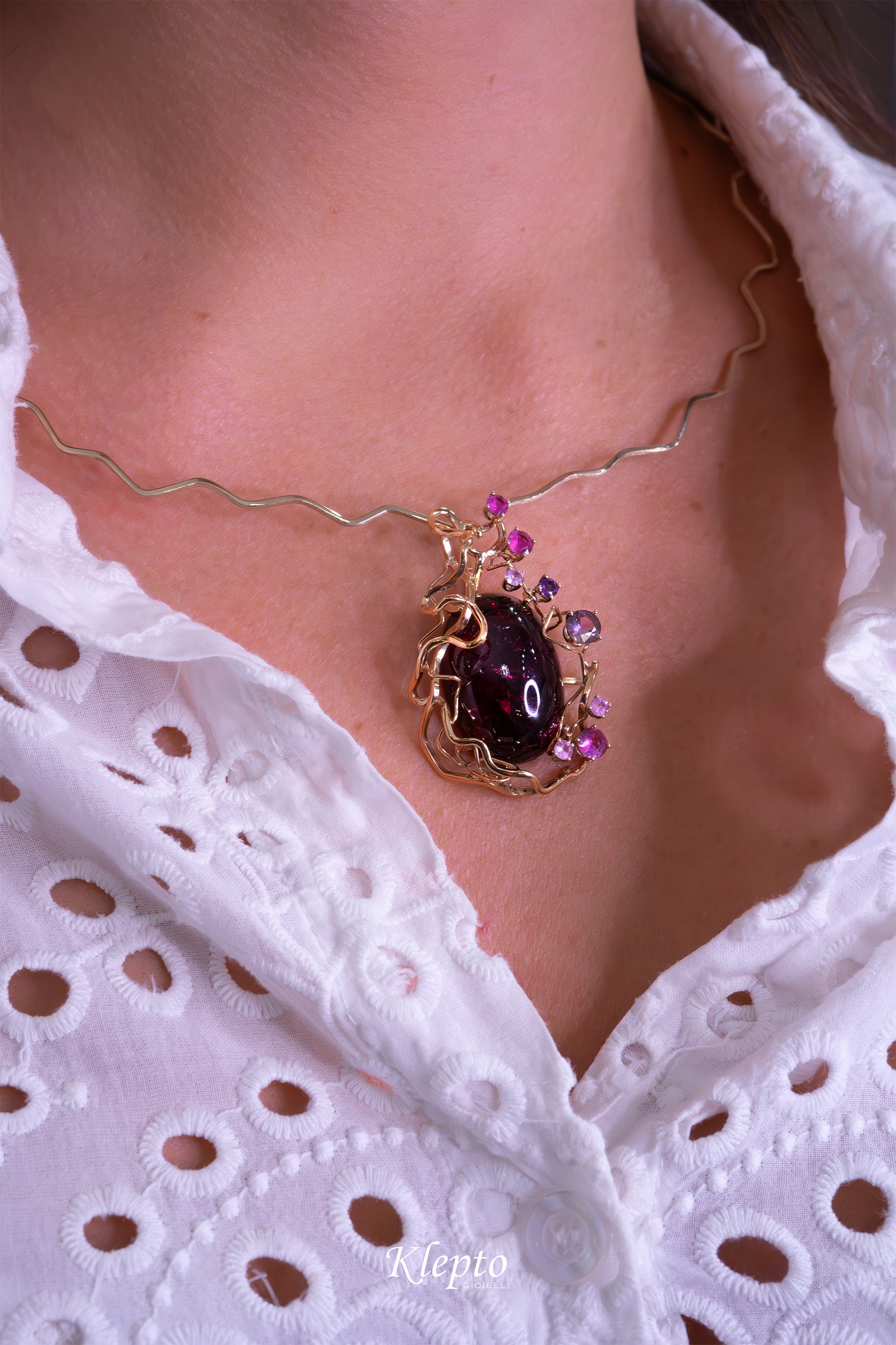 Rose gold and natural white "Origins" necklace with cabochon Tourmaline and Sapphires