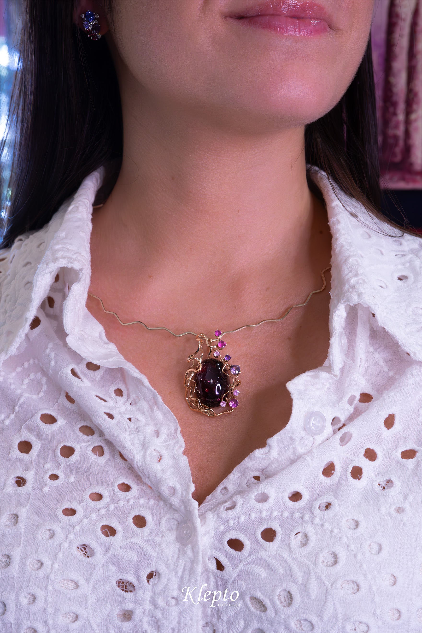 Rose gold and natural white "Origins" necklace with cabochon Tourmaline and Sapphires