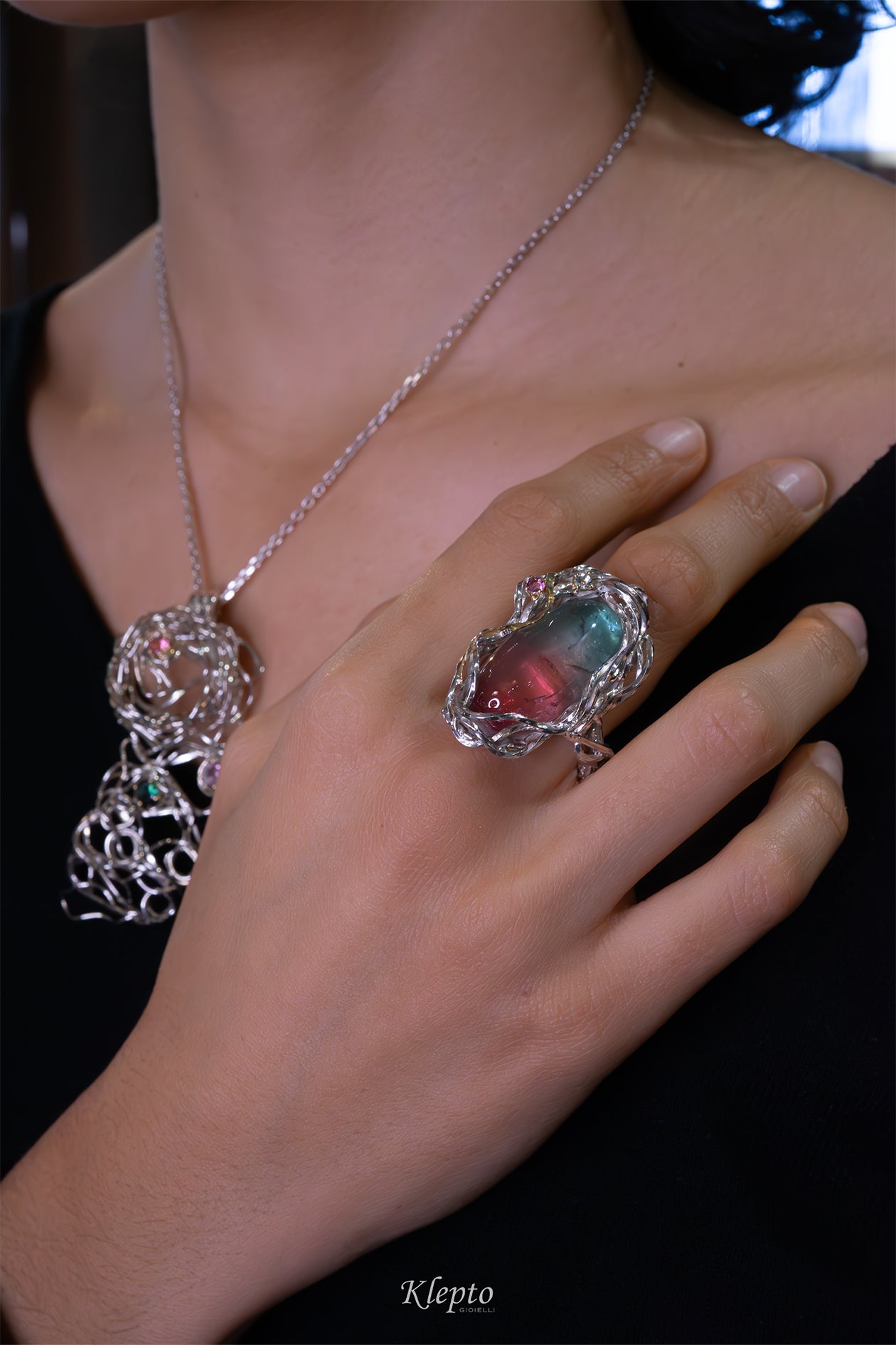 Silver ring Silnova® with bicolor Tourmaline, pink Tourmaline, Aquamarine, and yellow gold details