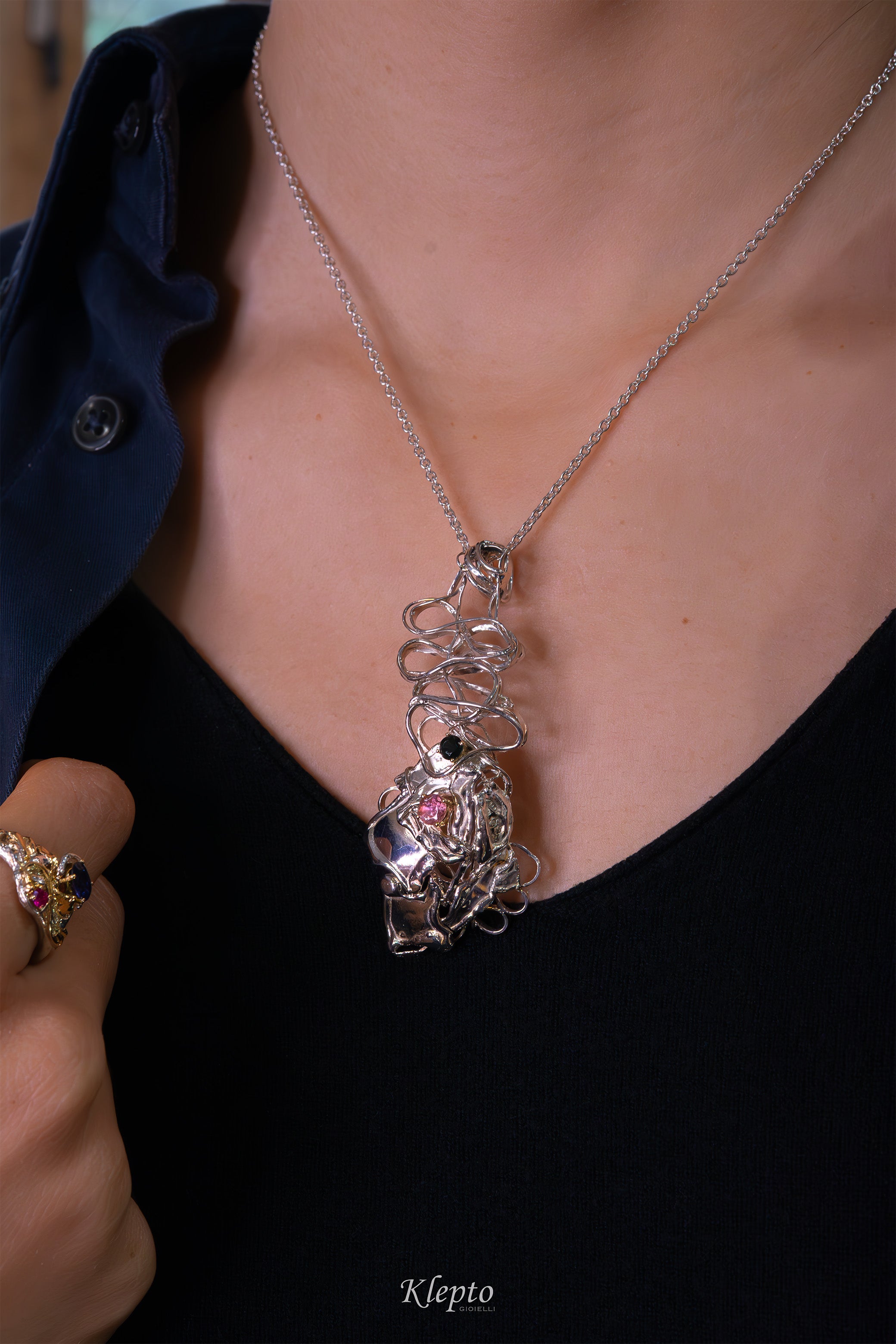 Silver Silnova® Pendant with Tourmaline details in yellow gold