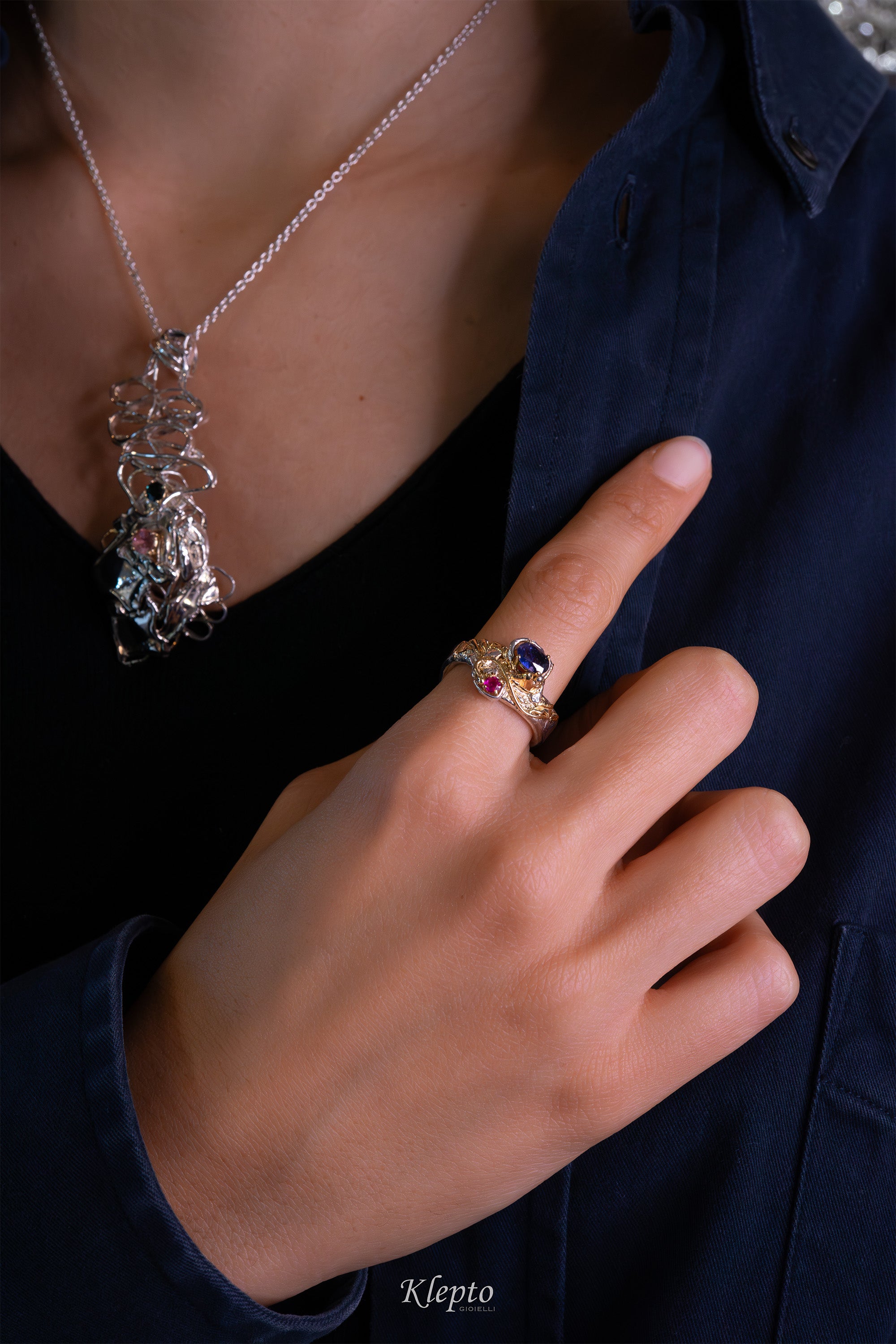 Silver ring Silnova with sapphire, ruby and yellow gold details