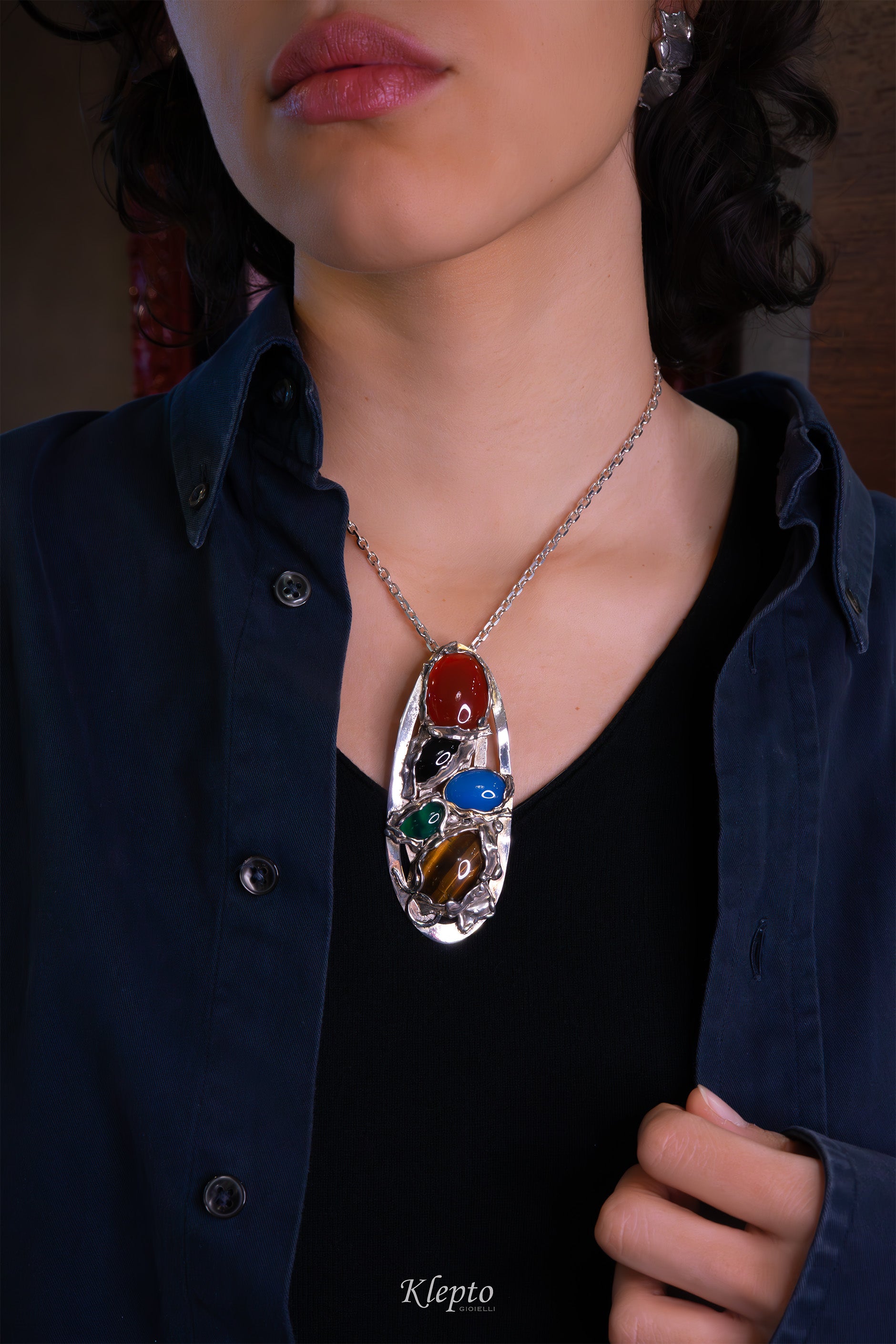 Silver Silnova® Pendant with Agate, Onyx, and Tiger's Eye