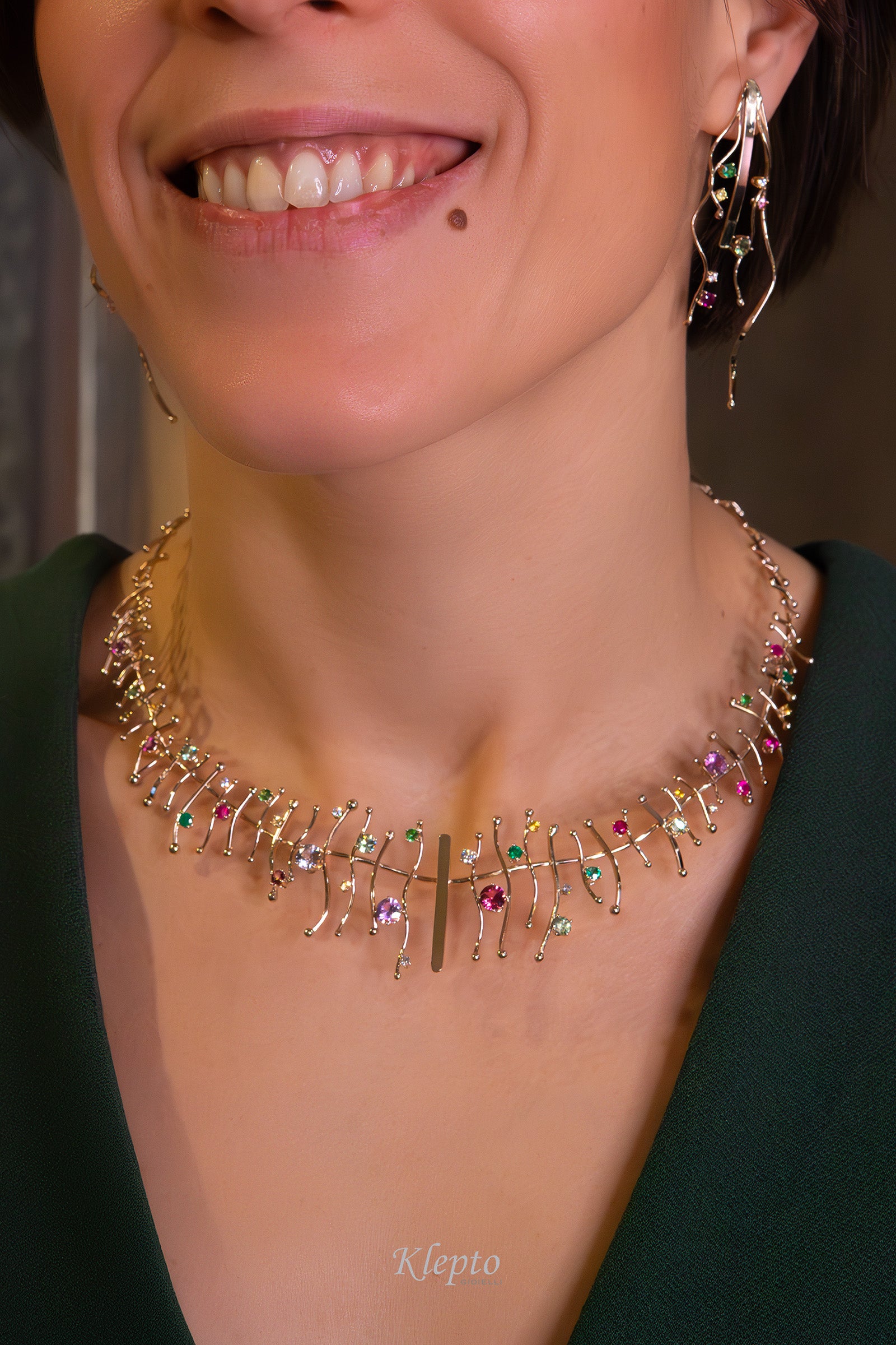 Natural white gold necklace "Armonia" with precious stones