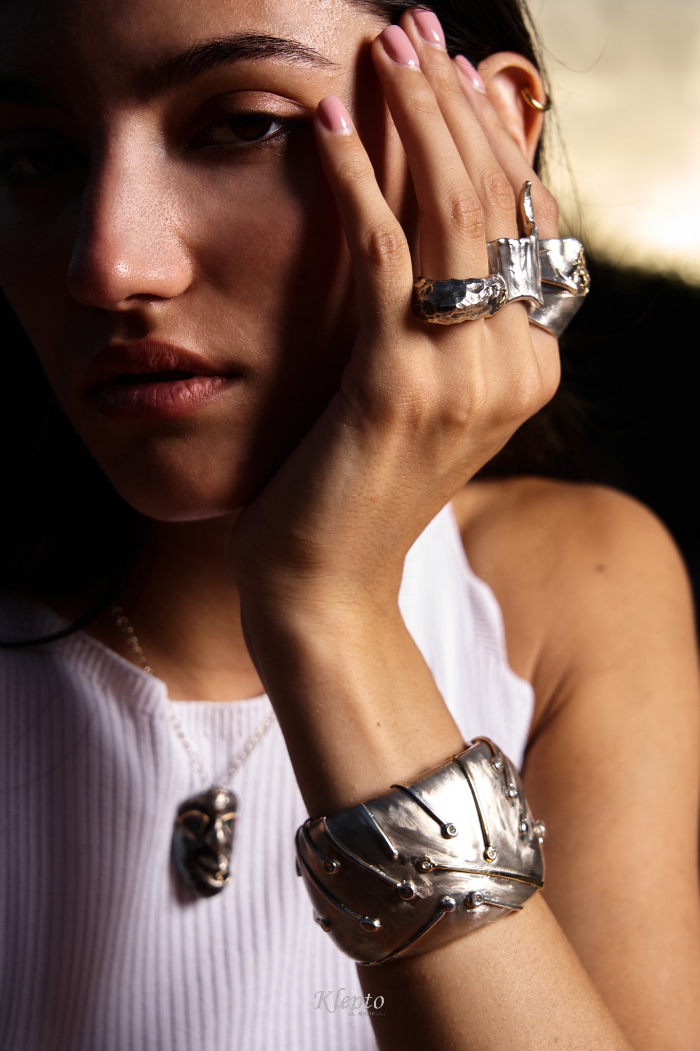 Silnova® "Astro" silver bangle bracelet with yellow gold and diamonds