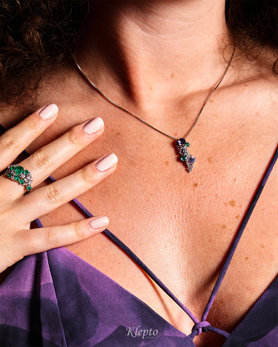 White gold pendant with Emerald, Tanzanite and Diamonds