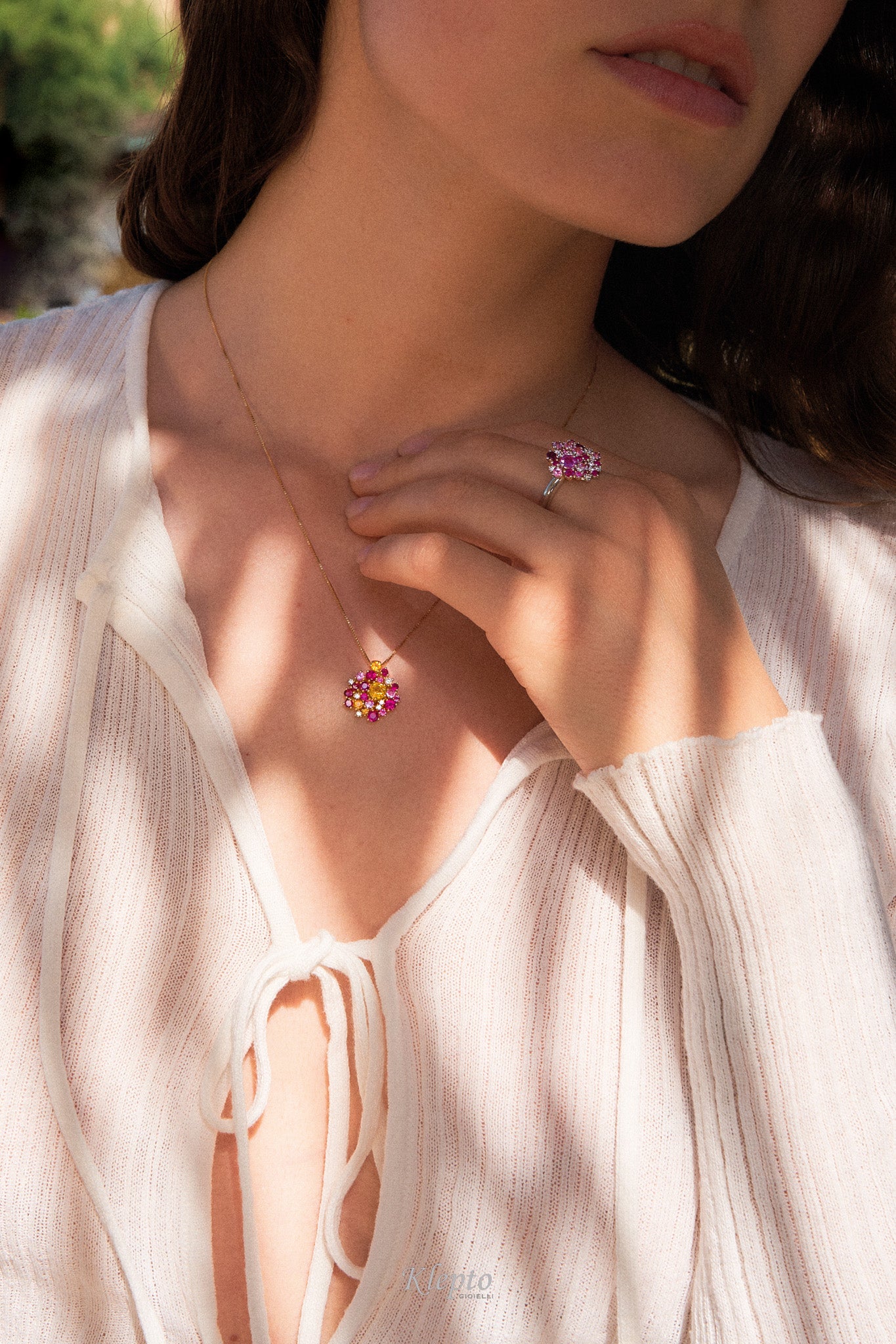 Yellow gold pendant with pink and yellow Sapphires, Rubies and Diamonds