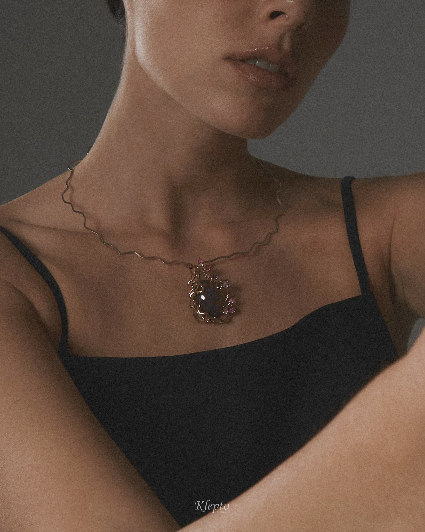 Rose gold and natural white "Origins" necklace with cabochon Tourmaline and Sapphires