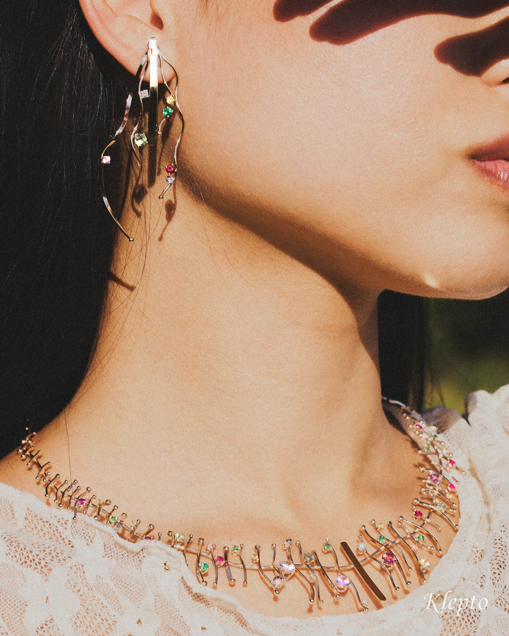 Natural white gold necklace "Armonia" with precious stones