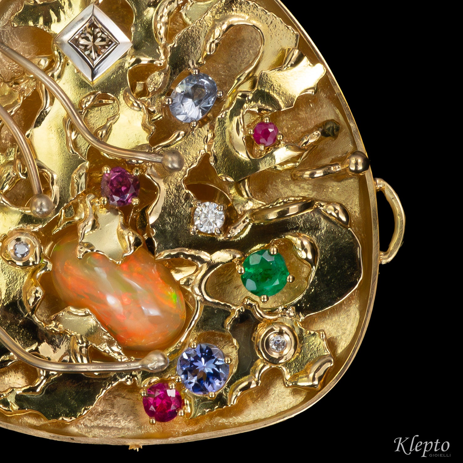 "Micromondo" sculpture gold pendant with precious stones and hidden treasure