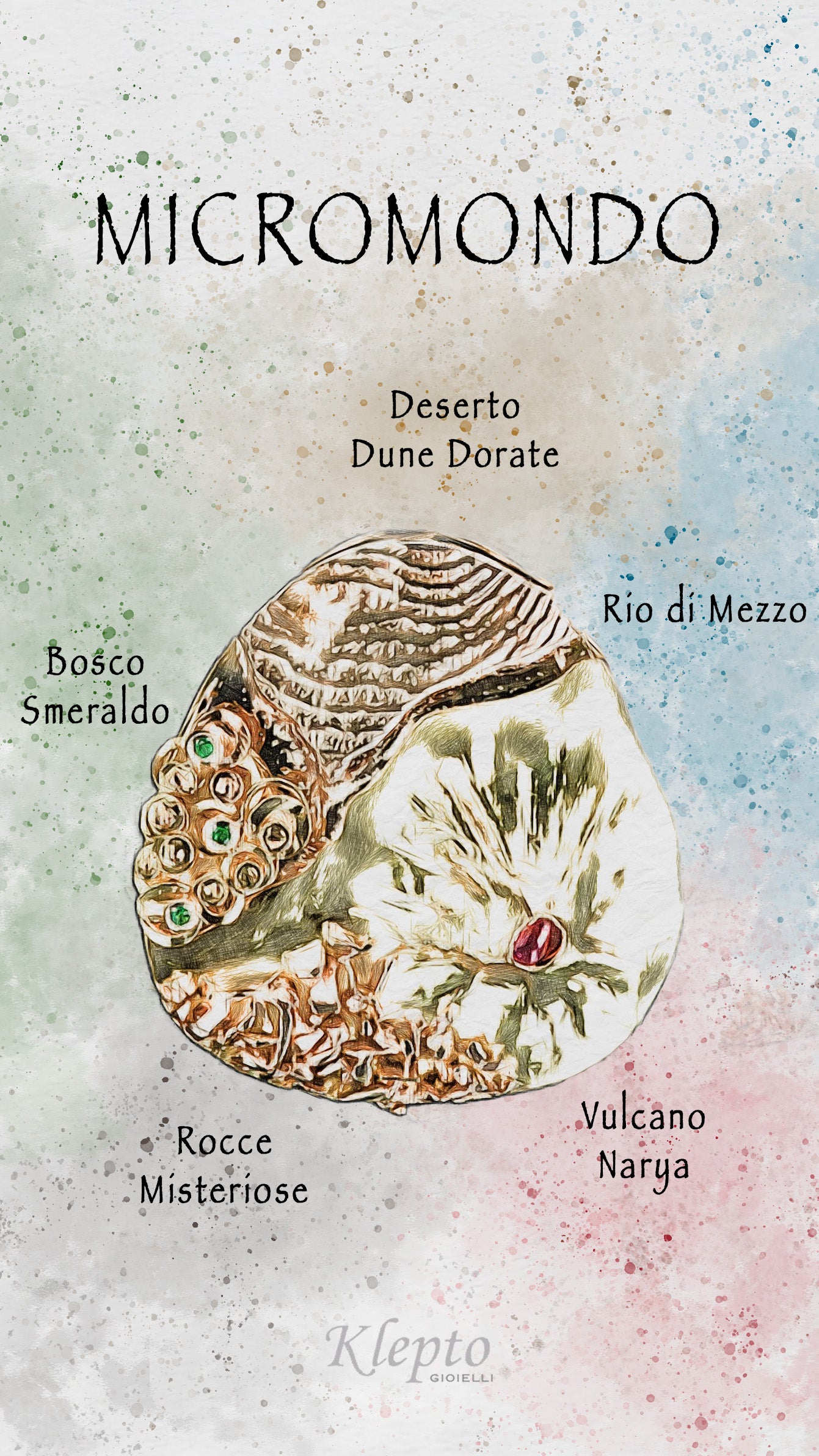 "Micromondo" sculpture gold pendant with precious stones and hidden treasure