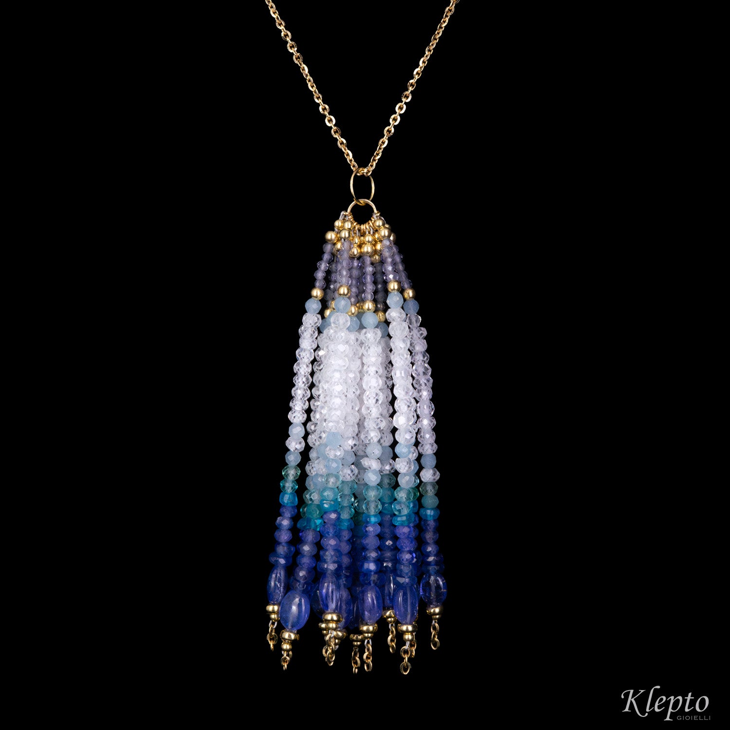 Yellow gold tassel necklace with Tanzanites, Sapphires, Amazonite, Moonstone, and Aquamarine